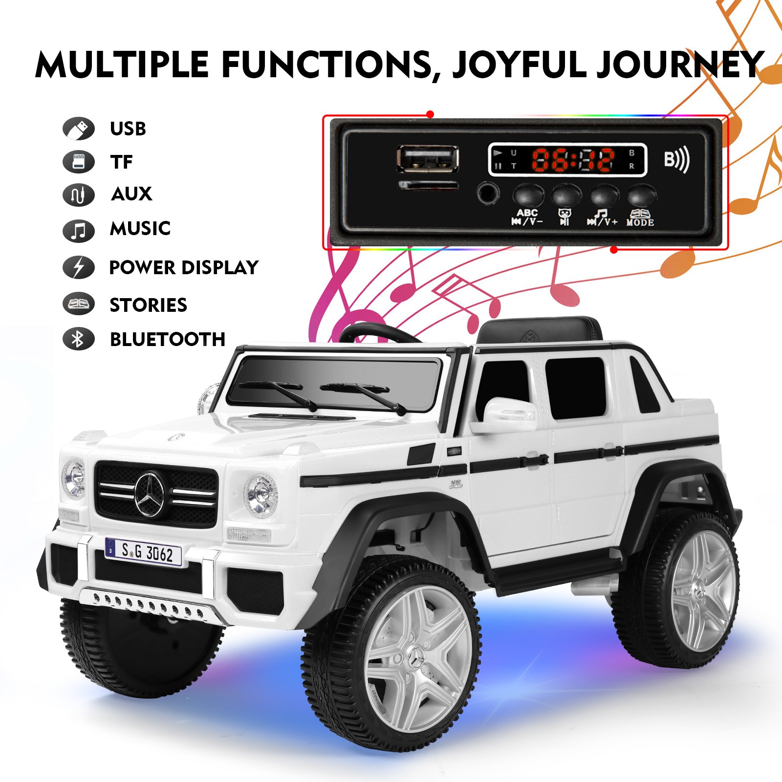 White Electric 12V Battery Kids Ride On Car 3 Speed with Music, LED, MP3, RC