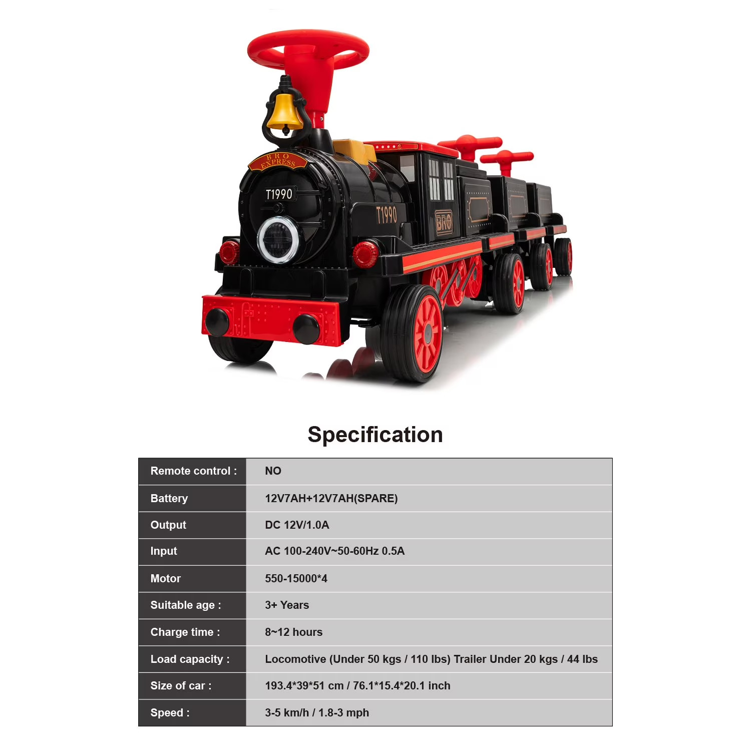 12V Kids Train Ride-On 4 Seats 4 Motors MP3 Player Whistle Headlight Carriages