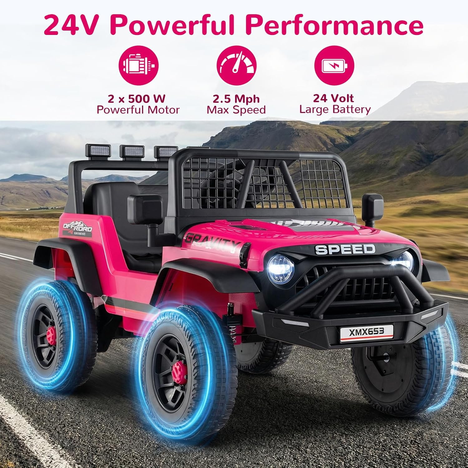 24V Ride on Car with Remote Control, Bluetooth, LED Lights, Horn, Spring Suspens