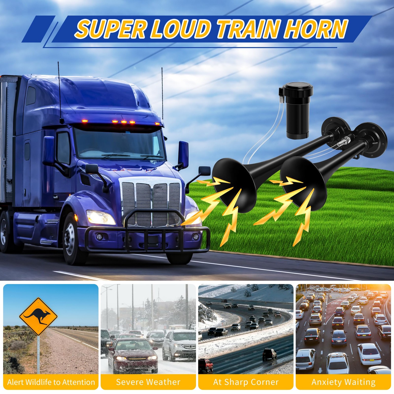 12V Air Horn Kit Super Loud Train Truck Dual Compressor Black Auto Boat