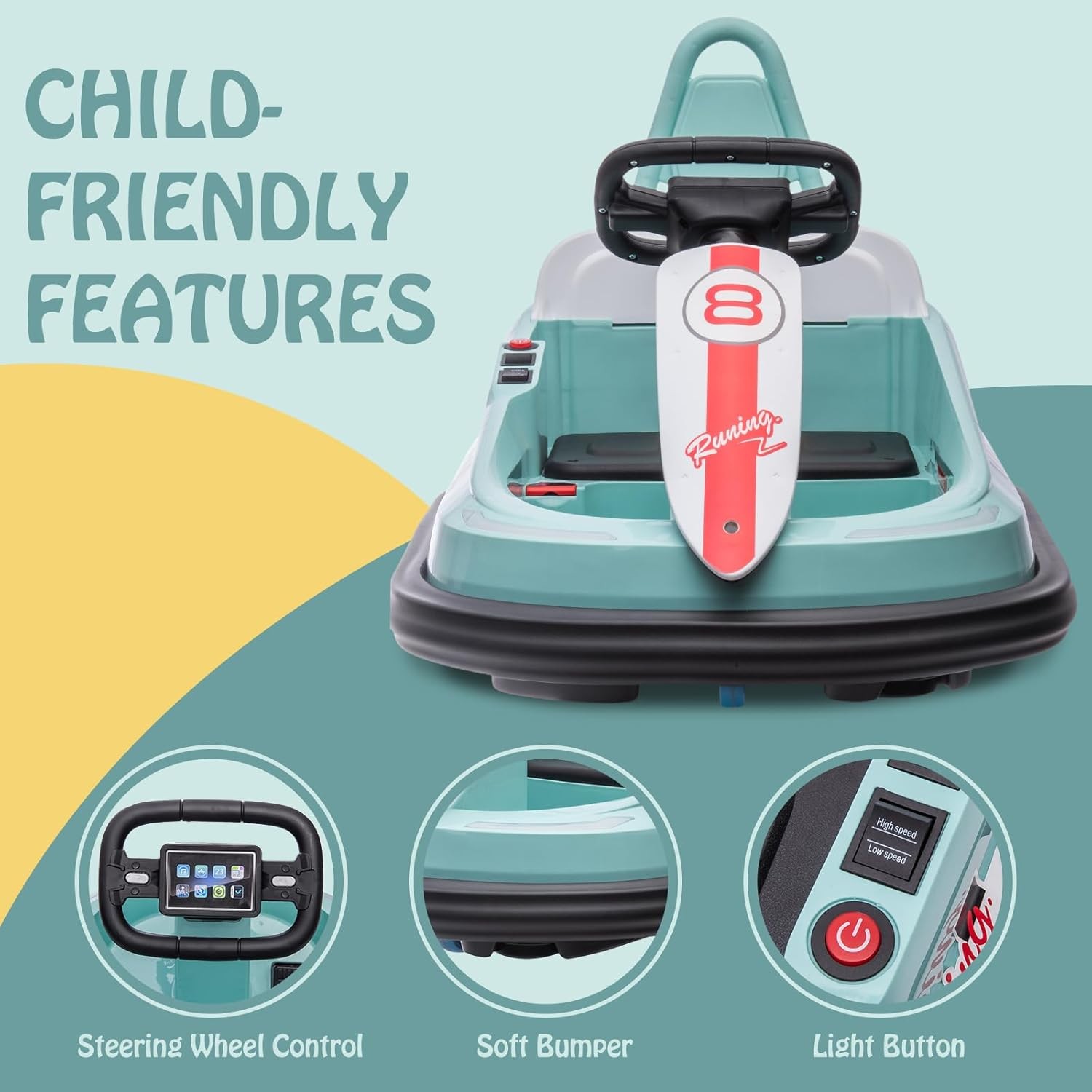 Kids Electric Bumper Car 6V, 1.9mph, Music/Horn, Seat Belt, Anti-Flat Tires