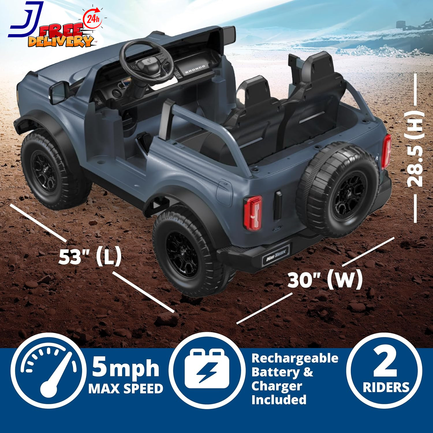 12V Ford Bronco Ride On Toy for Ages 3-7 Battery Powered LED Headlights Toys