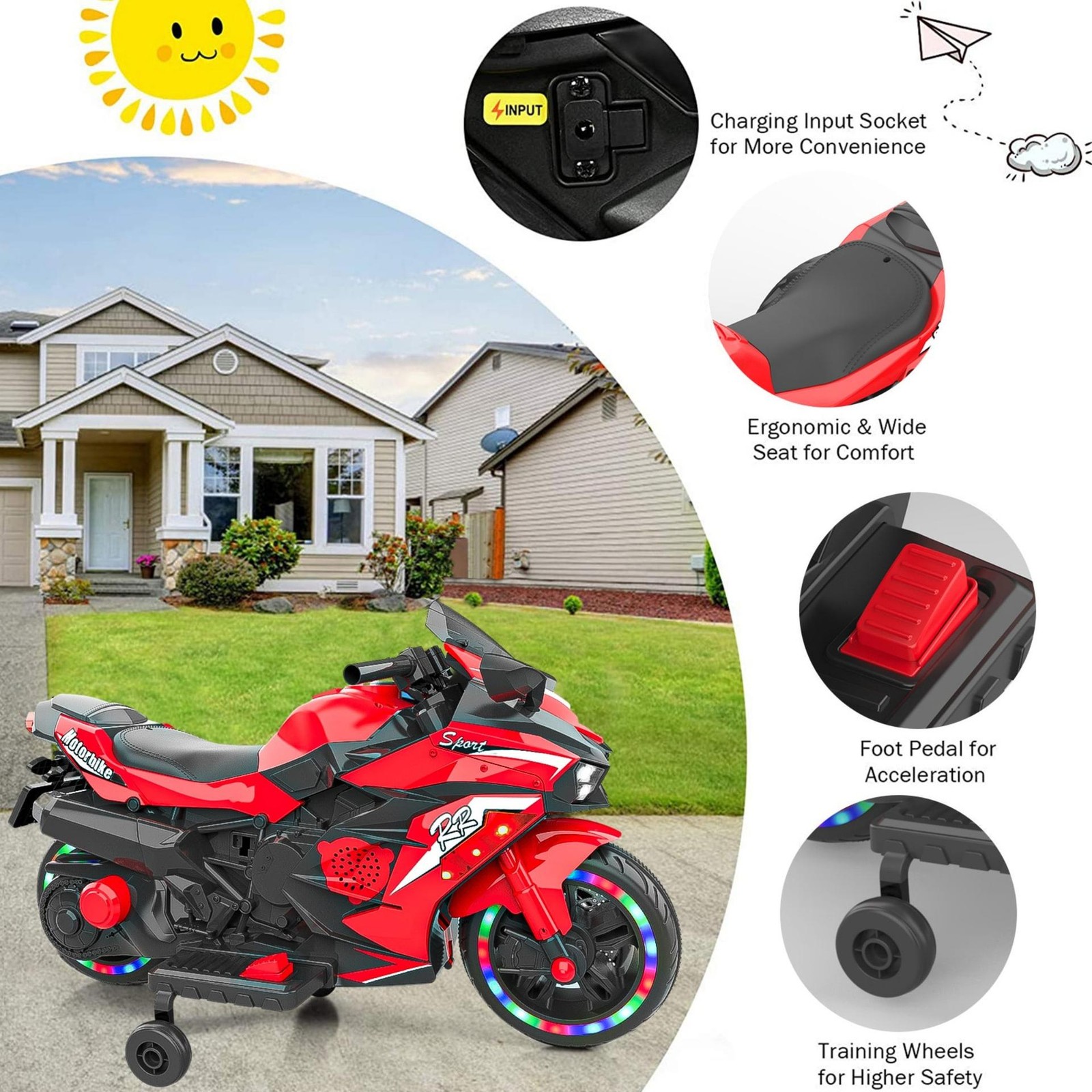 12V Kids Electric Motorcycle LED Lights Ride On Toy Bike 2 Wheels Birthday Gift