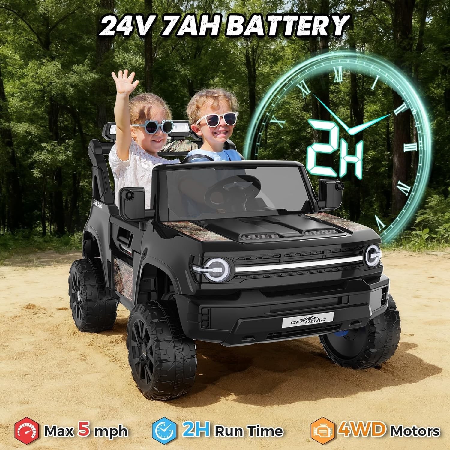 24V Electric Ride on Car for Kids, 4WD/2WD Switchable, LED Light, Back Storage