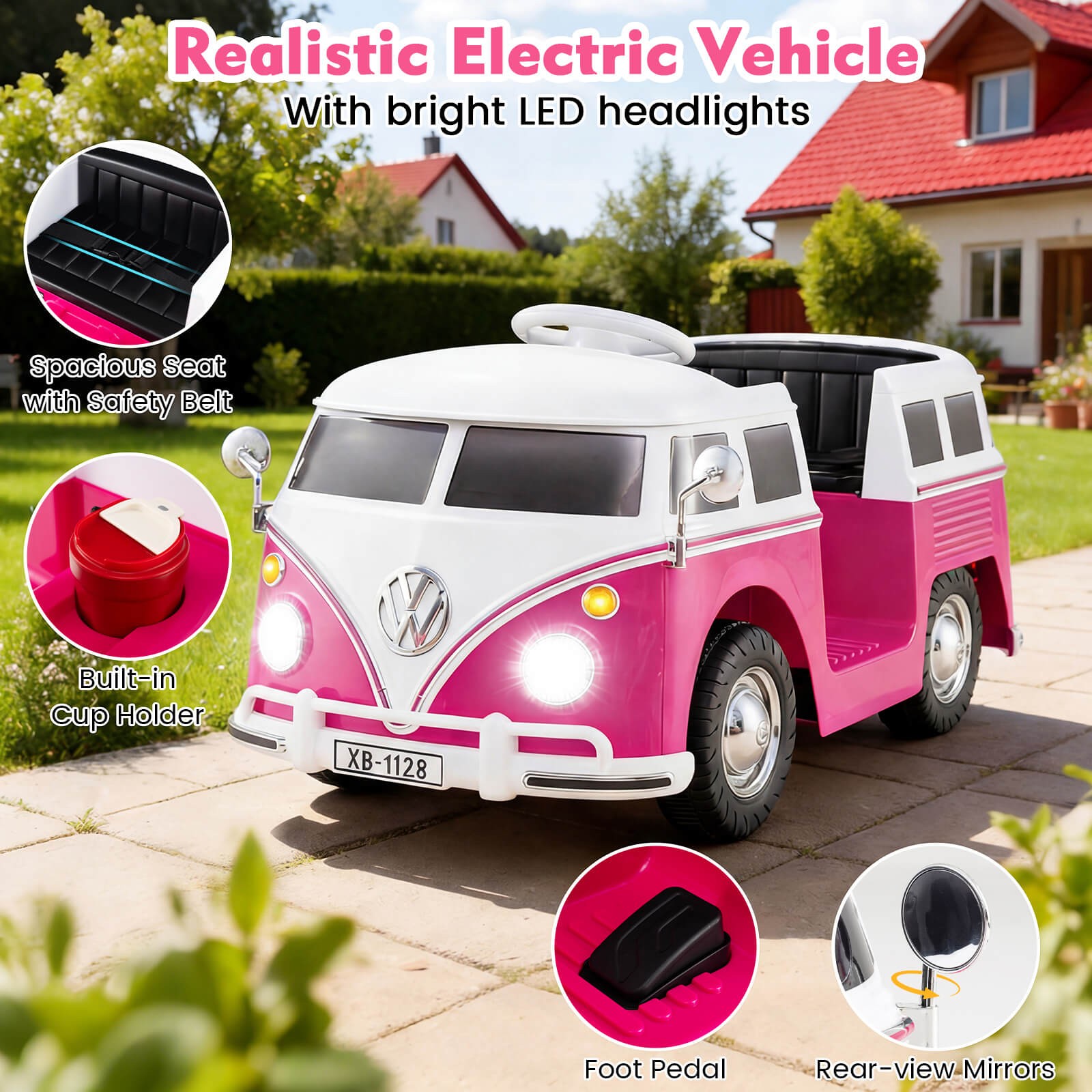 Licensed Volkswagen Ride-on Bus with Cup Holder, LED Headlights, Music & Horn