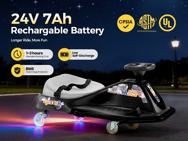 Electric Drifting Go Kart for Kids 24V Ride-On Car 360° Spin with Glowing Wheel