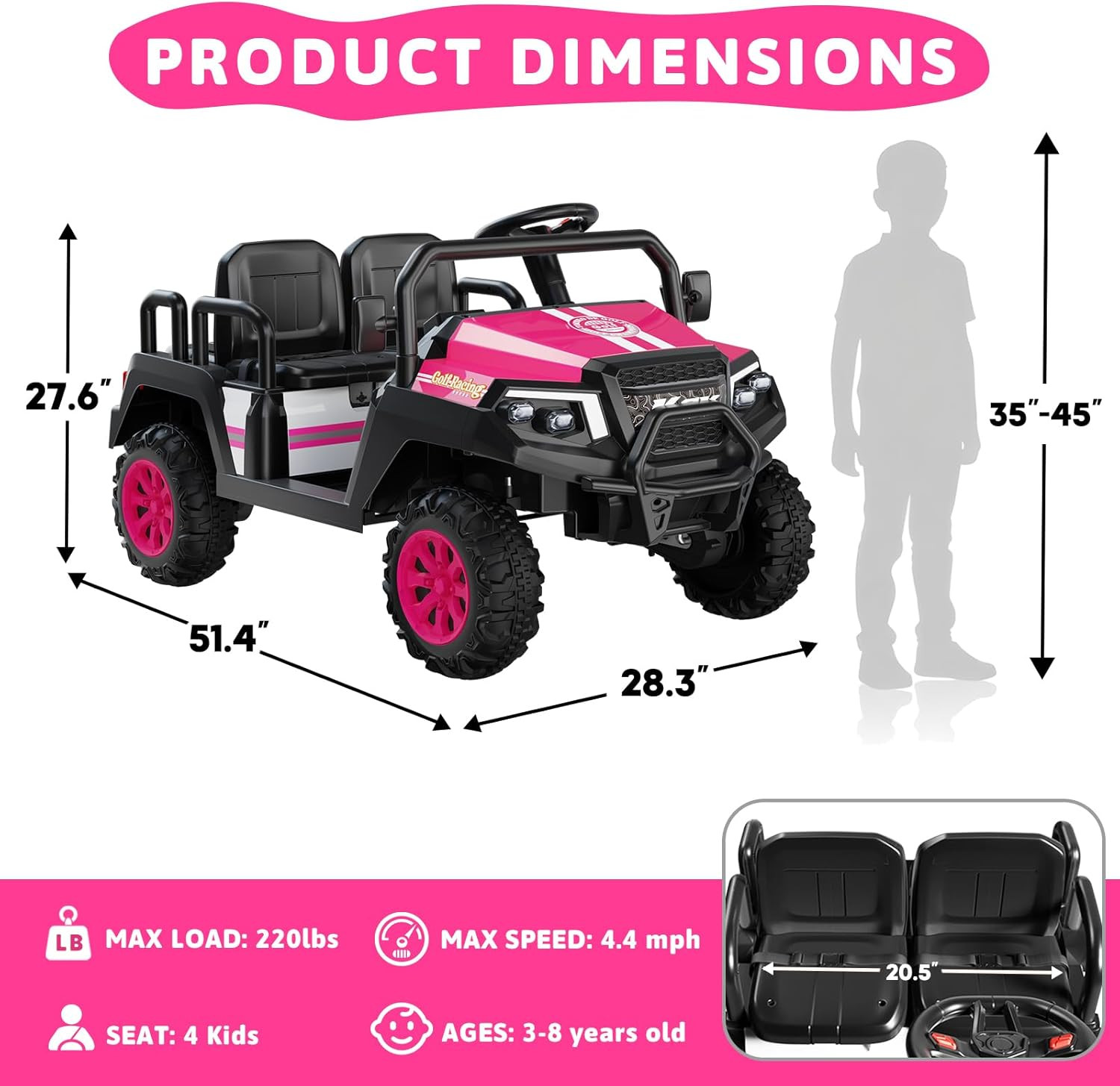 Electric Car for Kids, 24V 4 Seater Ride on Toys W/Parent Remote, 4 Wheeler Susp