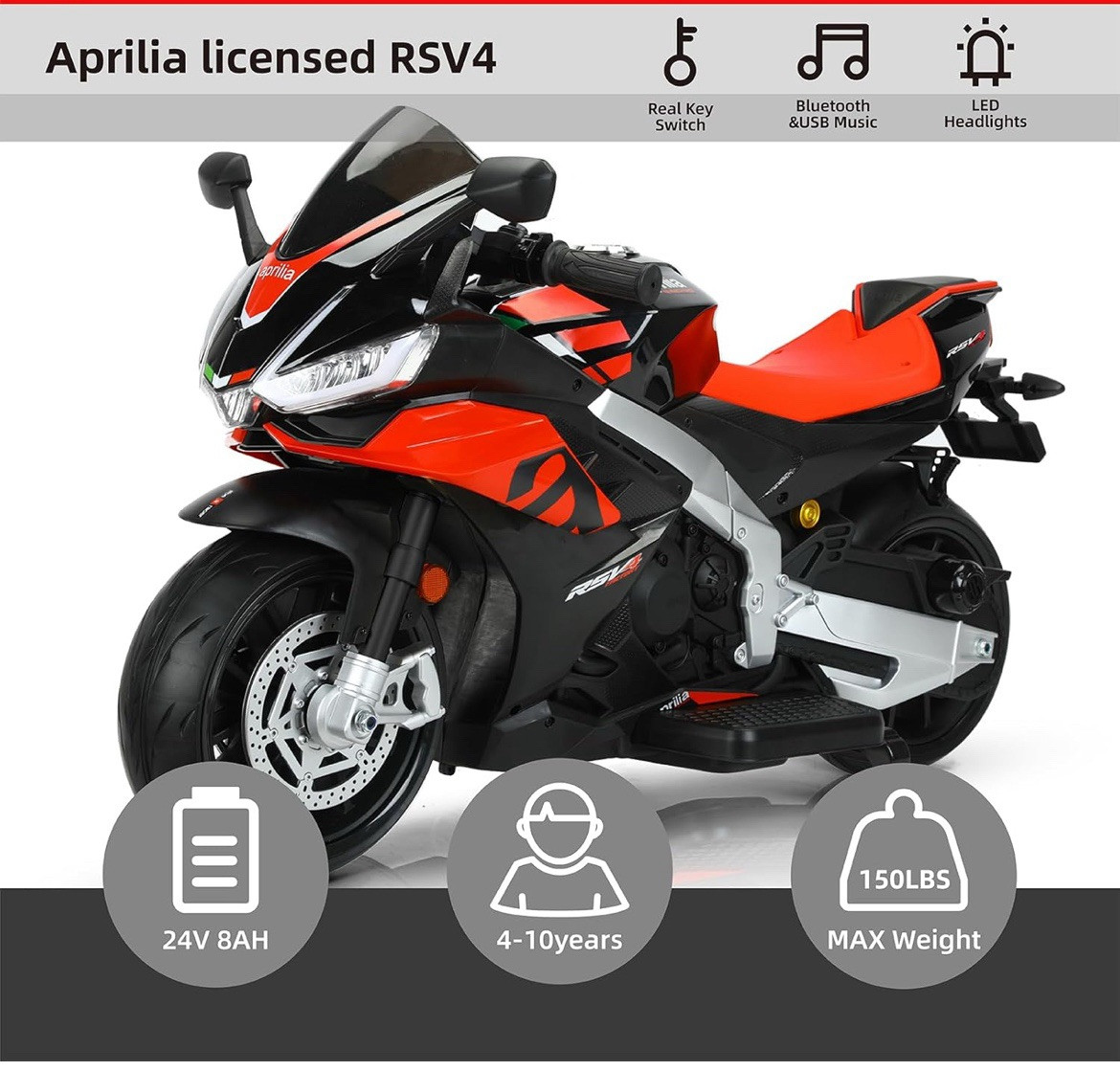 Aprilia Licensed 24V Kids Electric Motorcycle, Speed Up to 10mph w/ Side Wheels