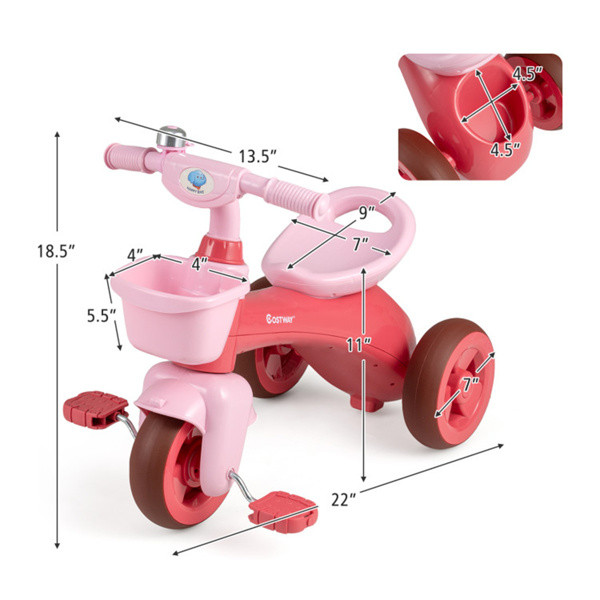 Kids Tricycle Ride With Storage Basket Bell Anti-Slip Pedal Stable 3-5 Years Old