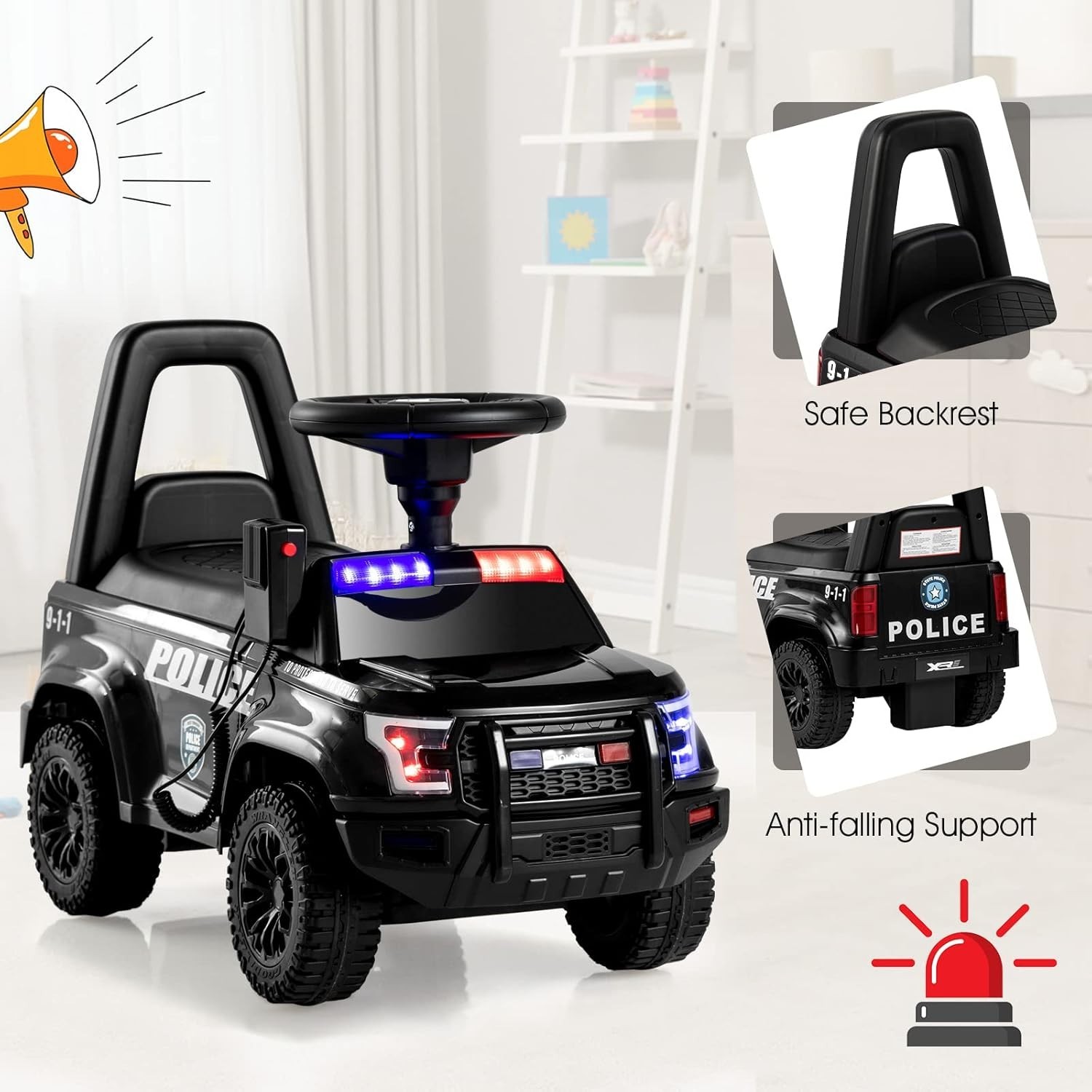 Ride on Push Police Car, Toddler Foot-To-Floor Sliding Toy with Siren, Steering