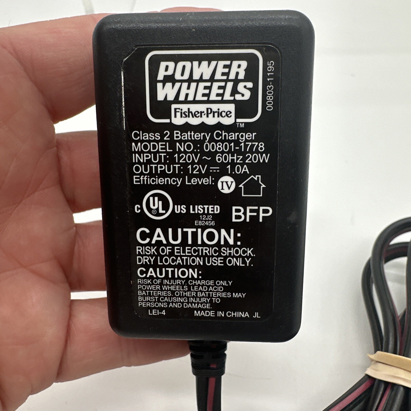 Fisher-Price Power Wheels Class 2 Battery Charger Power Cord Model 00801-2101
