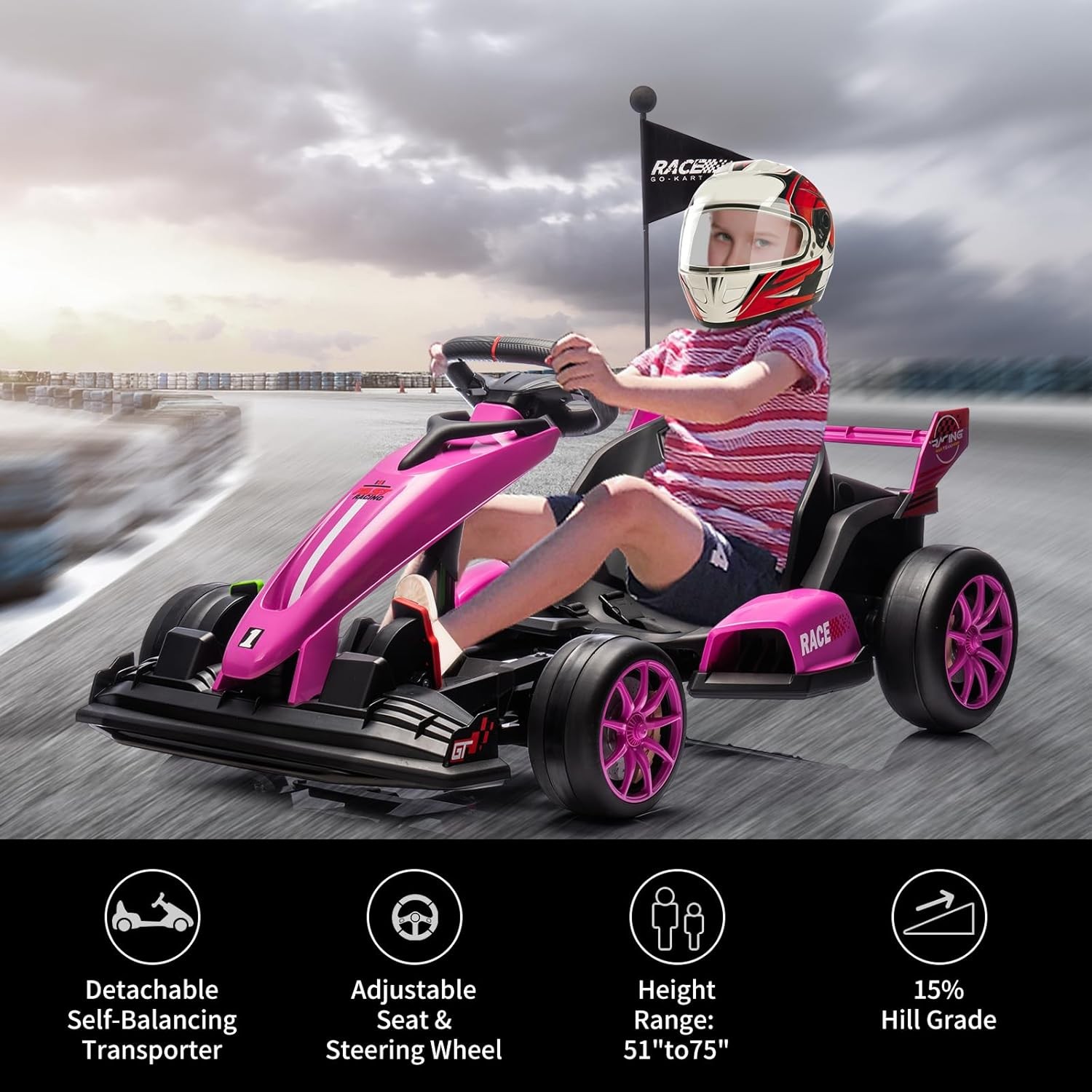 24V Drift Cart for Kids, Dual Motors, Electronic Brake, Adjustable Seat,Foldable