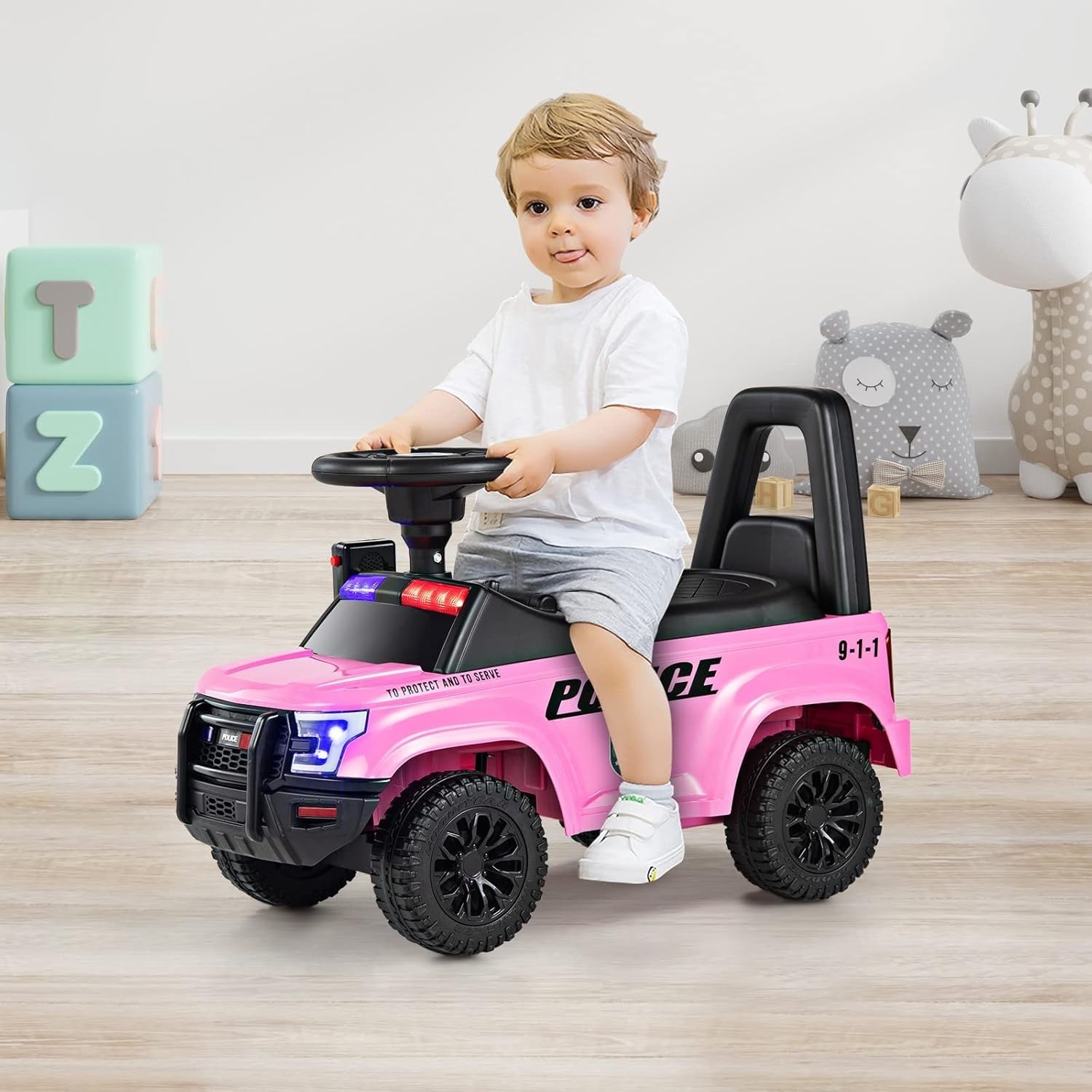 Kids Pink Police Ride On Car: Steering, Siren, Storage, 55lb Max Weight