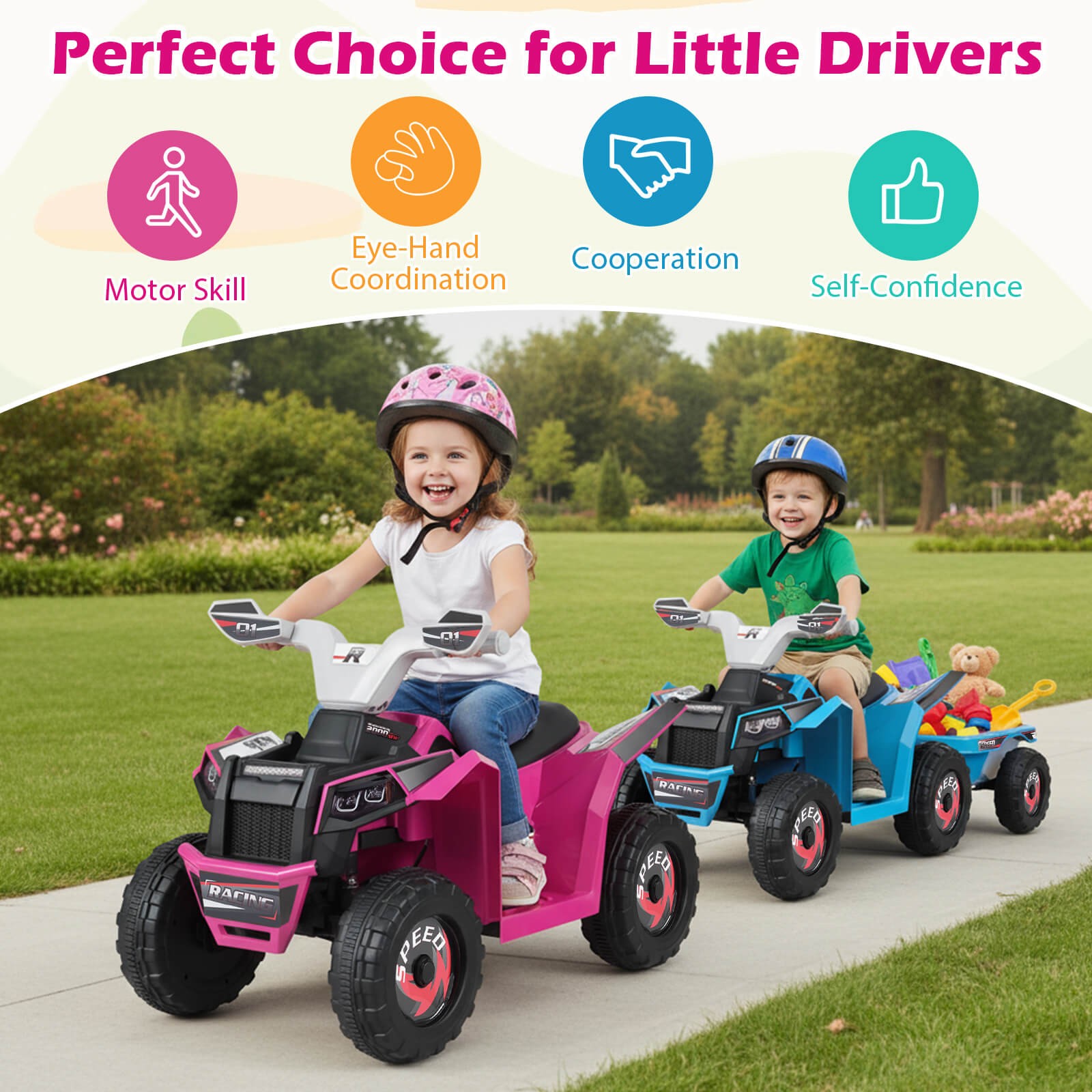 Kids Electric ATV Car, 6V Battery-Powered Ride on Toy w/Removable Back Trailer