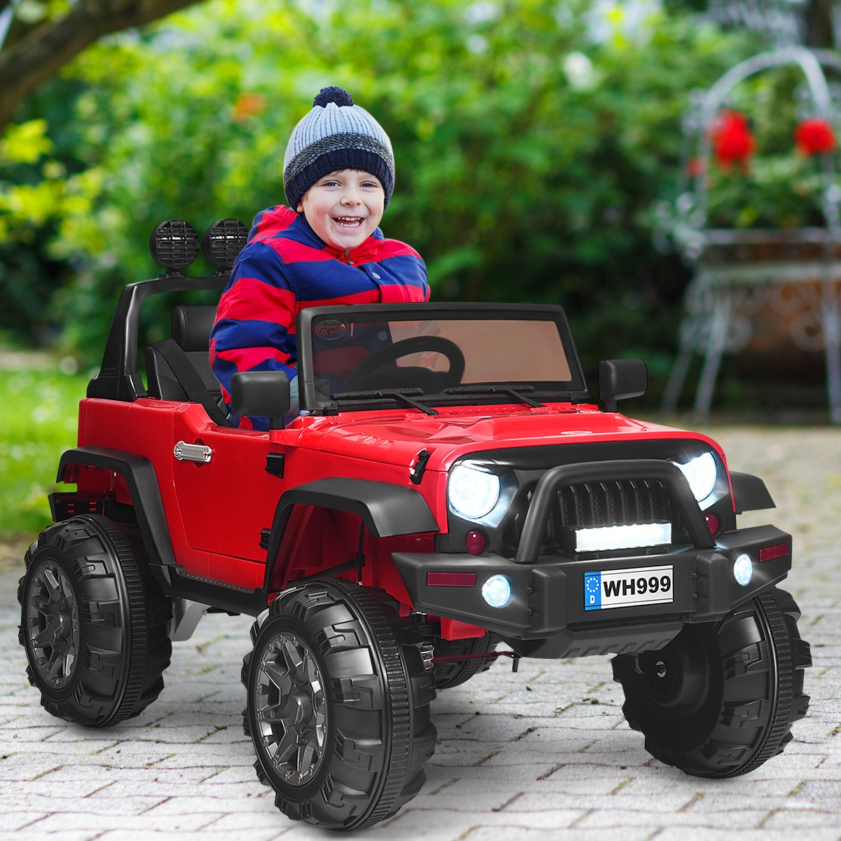 12V Kids Ride On Truck RC Car Spring Suspension w/ LED Light Music Trunk Red