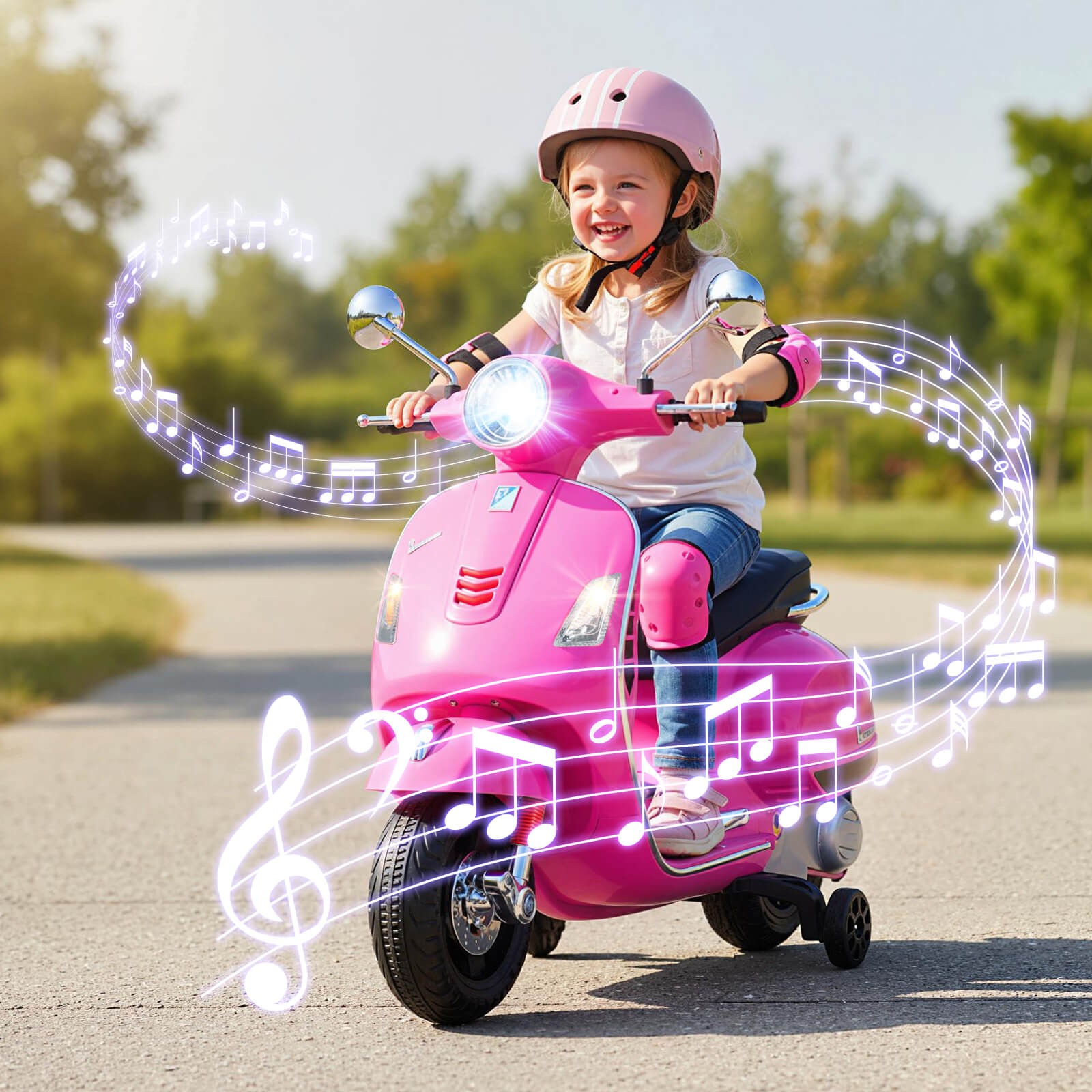 Licensed VESPA 12V Kids Electric Motorcycle w/Music Horn Story Training Wheels
