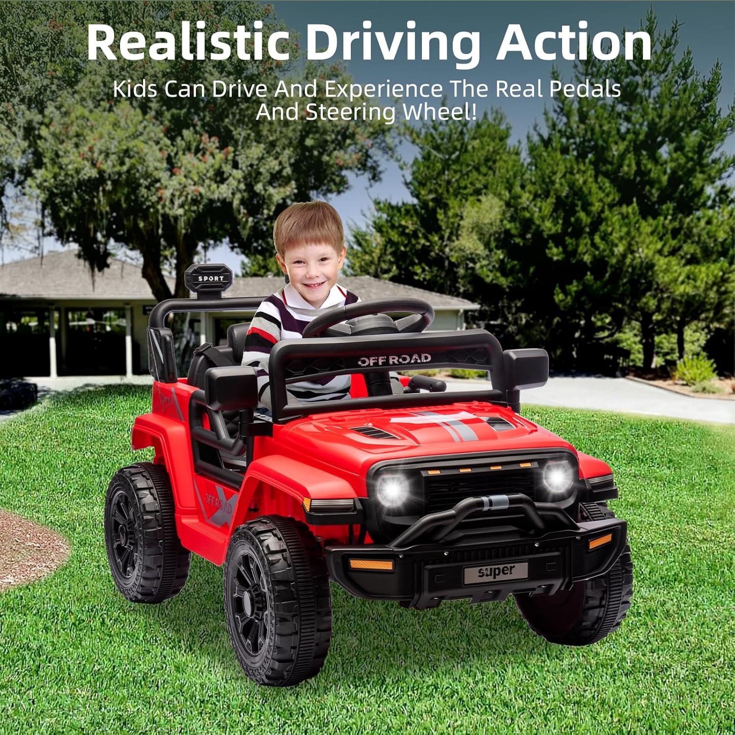 12V Kids Ride On Truck w/ Remote, 2 Speeds, Spring Suspension, LED Lights – Red