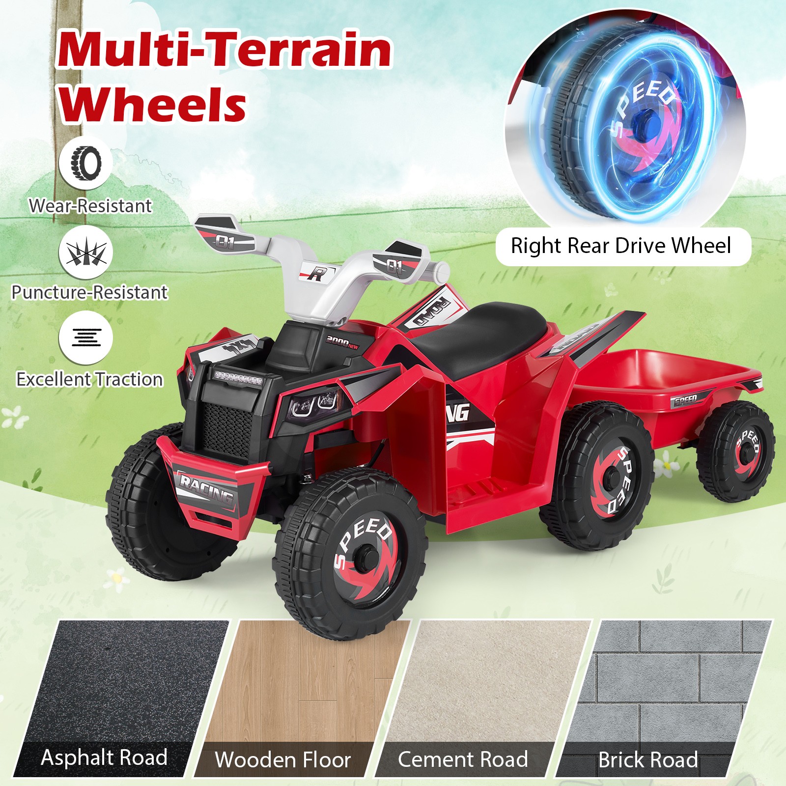 Kids Electric ATV Car, 6V Battery-Powered Ride on Toy w/Removable Back Trailer