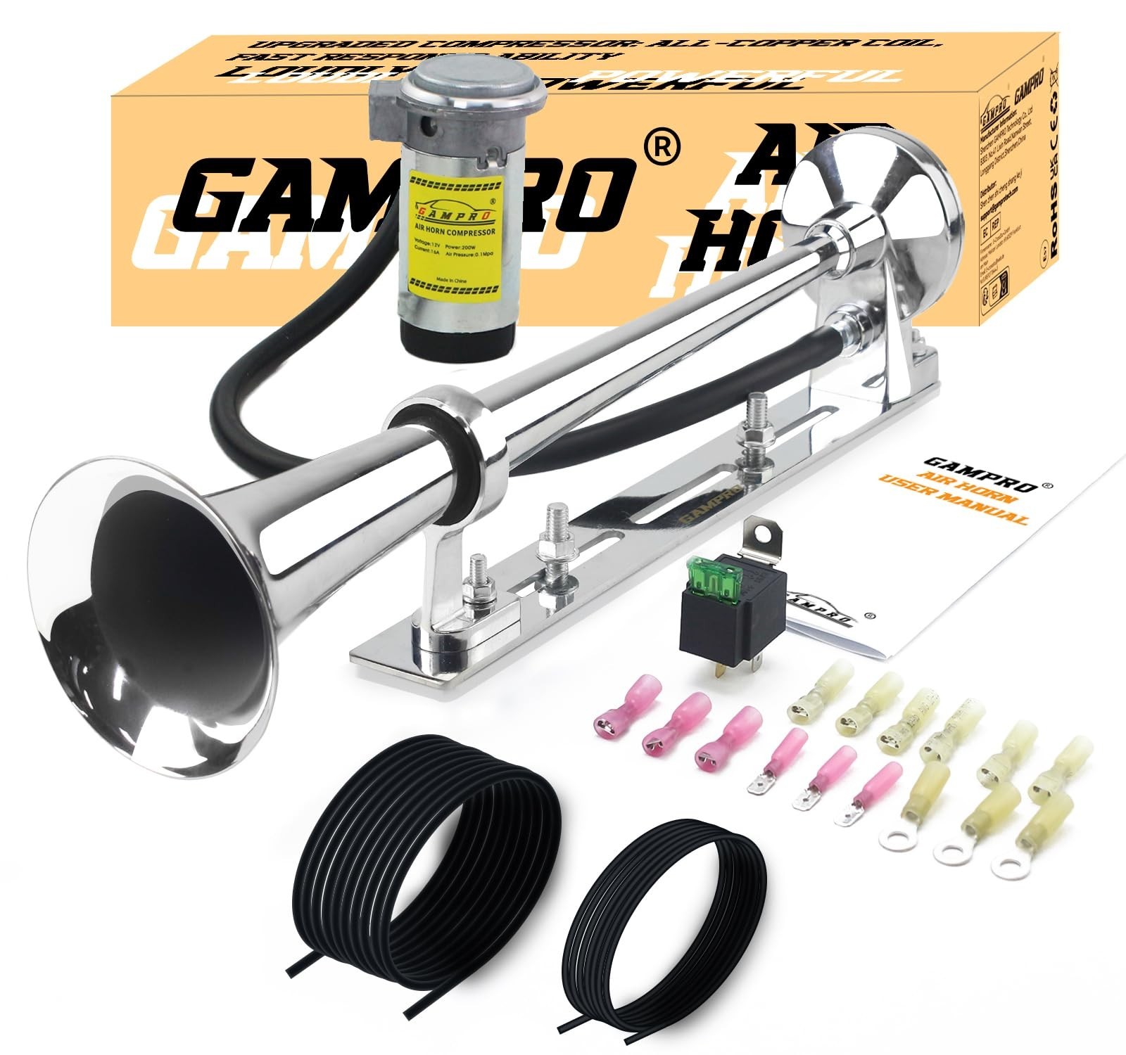 GAMPRO 12V 150DB Air Horn with Install Mounting Bracket Kit, 18 Inches Chrome…