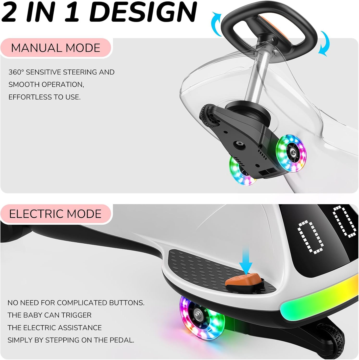 12V Electric Wiggle Car for Kids with Pedal, Display, Rechargeable Battery, LED