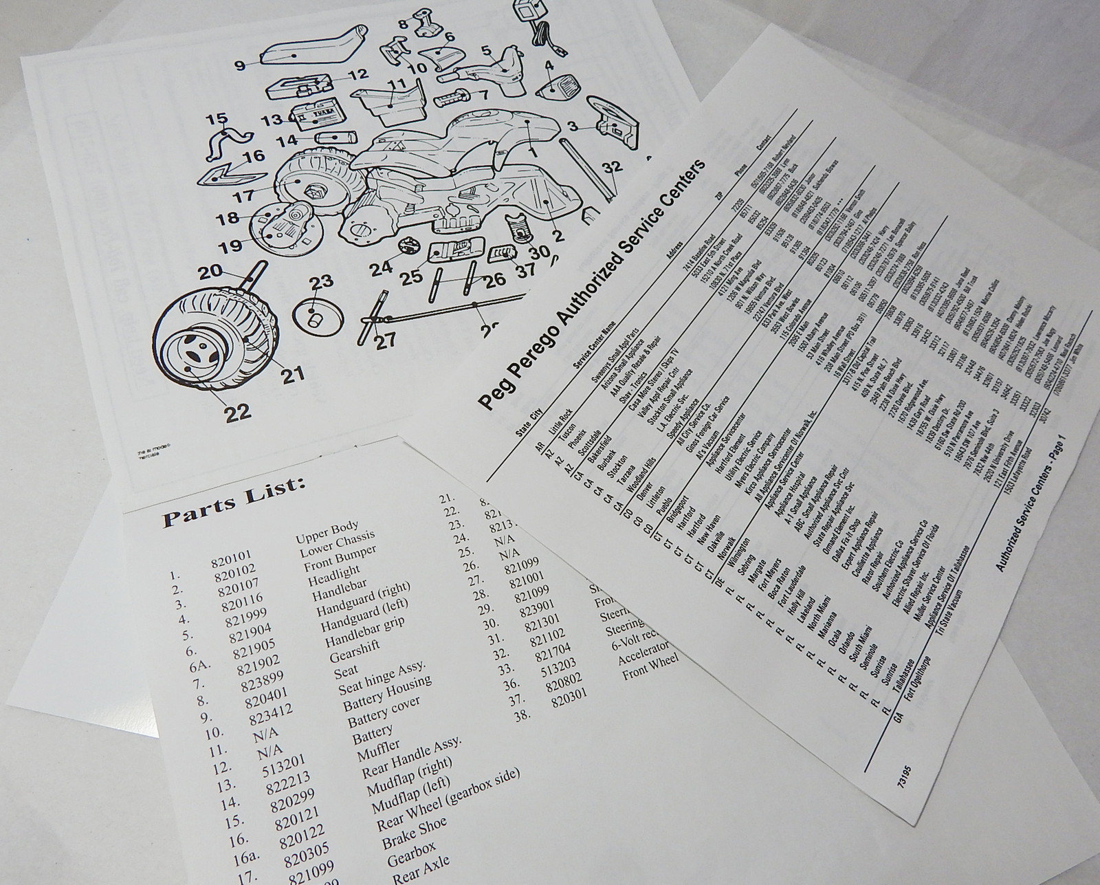 PEG PEREGO CORRAL PONY & PINK PANTHER KIDS RIDING BATTERY ATV MANUAL PARTS LIST
