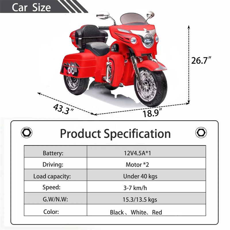 Kids Ride On Motorcycle 12V 2-Seat Electric Motorbike 3 Wheels for 3-8 Years Old