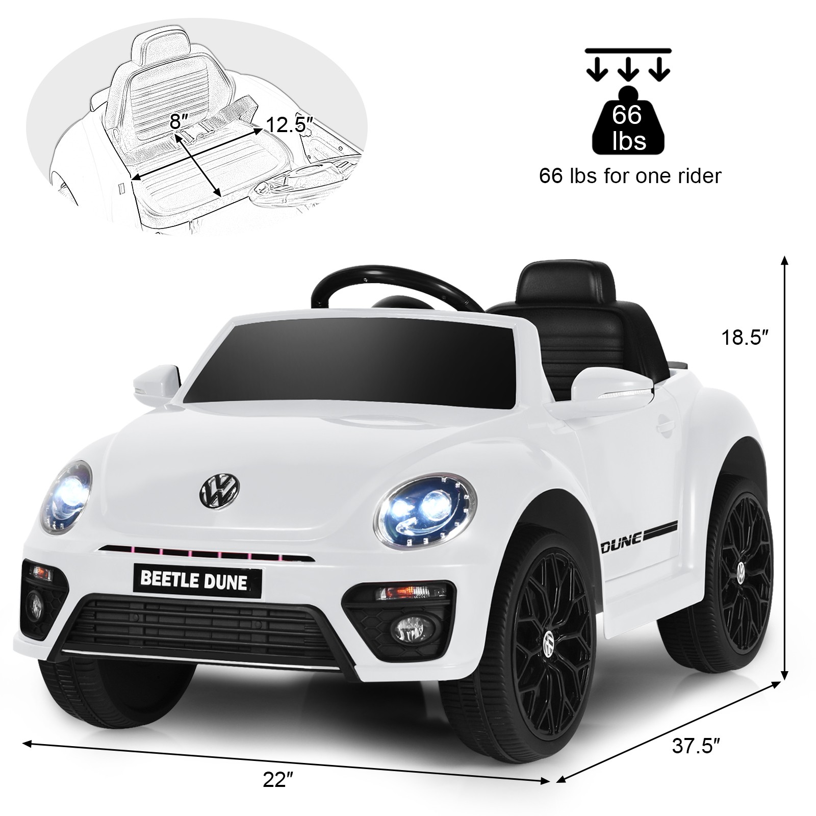 12V Kids Ride On Car Licensed Volkswagen Beetle w/ Music & Remote Control White