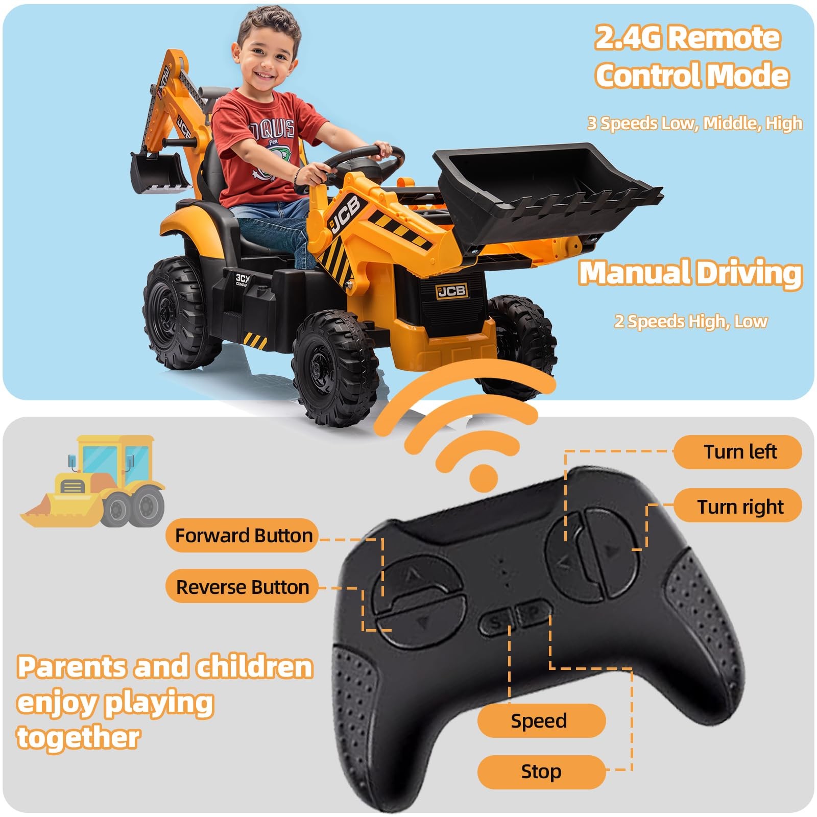 24V JCB Ride On Excavator for Kids, 3-in-1 Ride On Backhoe Digger with Front …