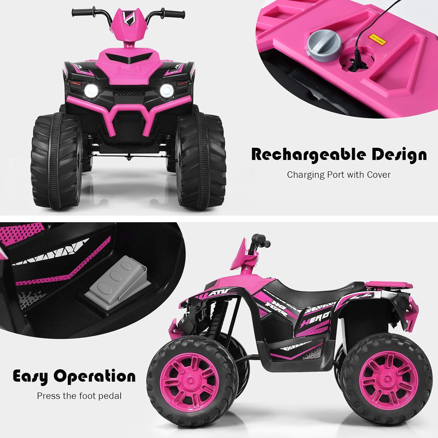 Kids ATV, 12V Battery Powered Electric Vehicle W/Led Lights, High & Low Speed, H