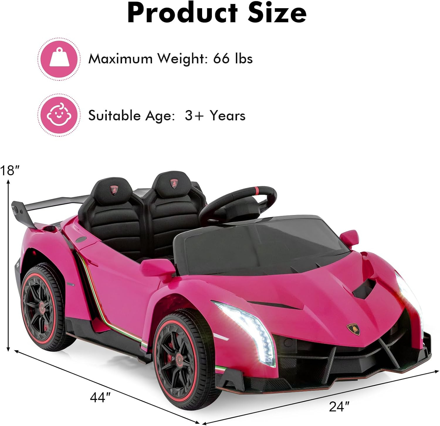 2 Seater Kids Ride on Car, 12V 4WD Licensed Lamborghini Veneno Powered Electric