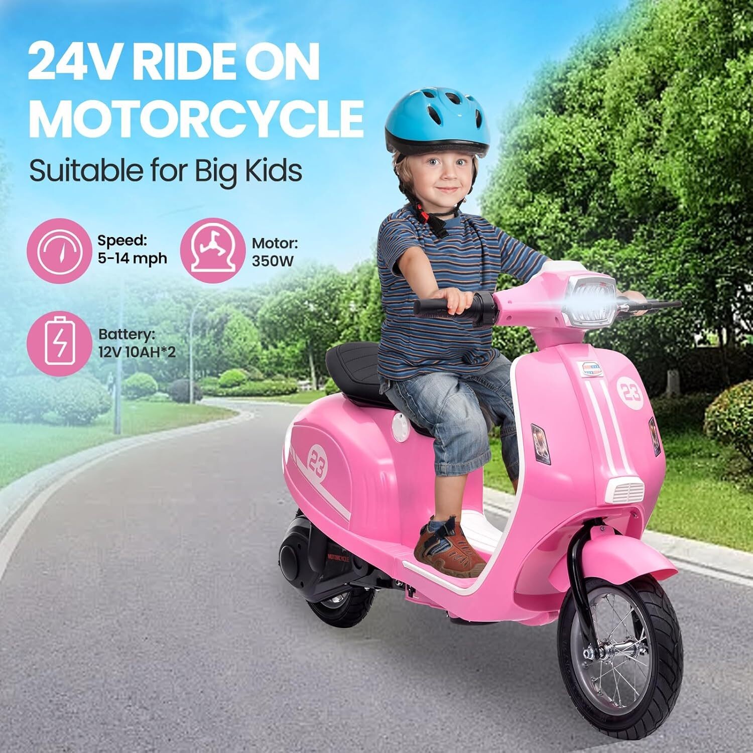 24V 350W Kids Motorcycle Electric Moped Scooter Motorbike Toy with LED for 8-12Y