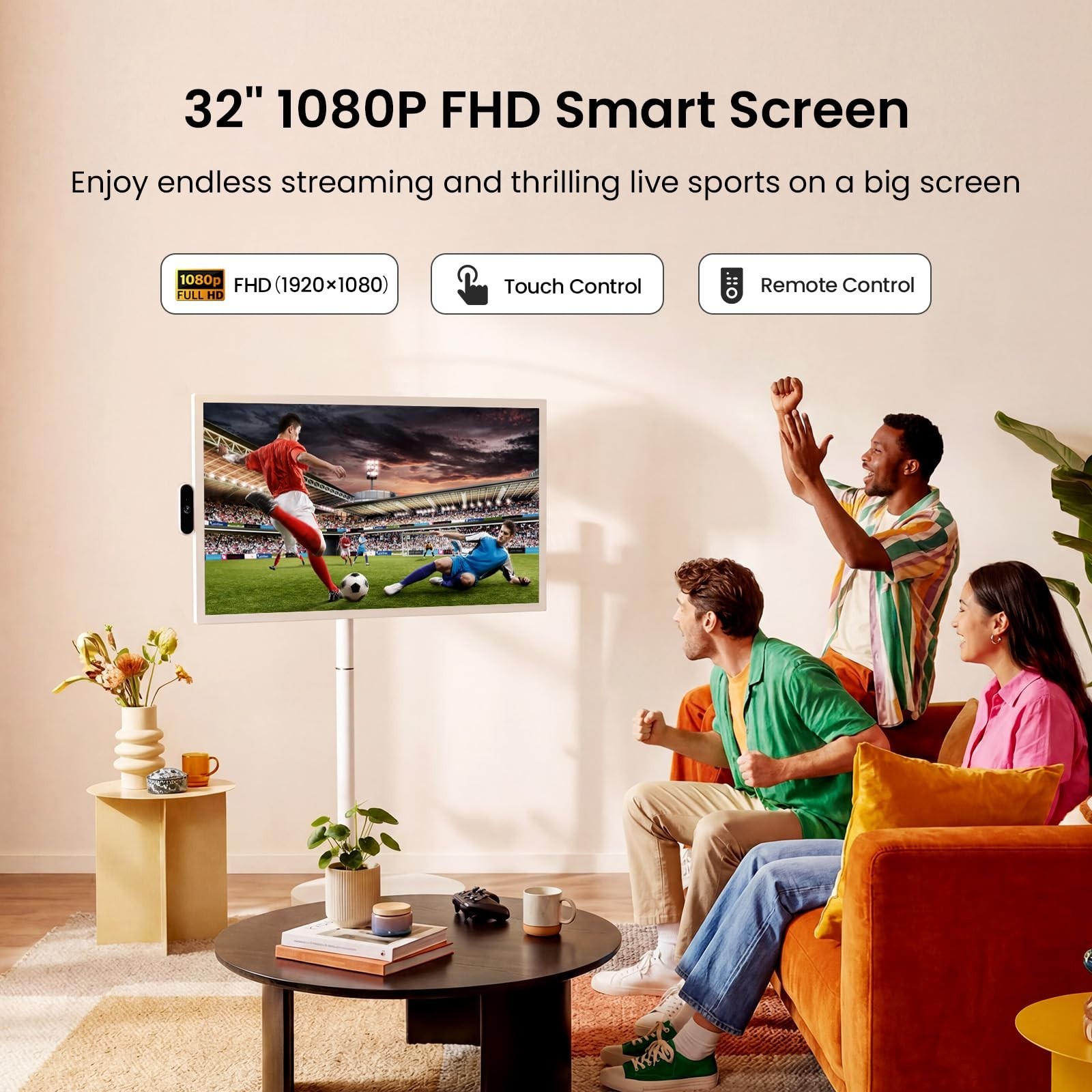 32″ FHD Smart Portable TV on Wheels, Android, 128GB Storage, 15000mAh Battery, T