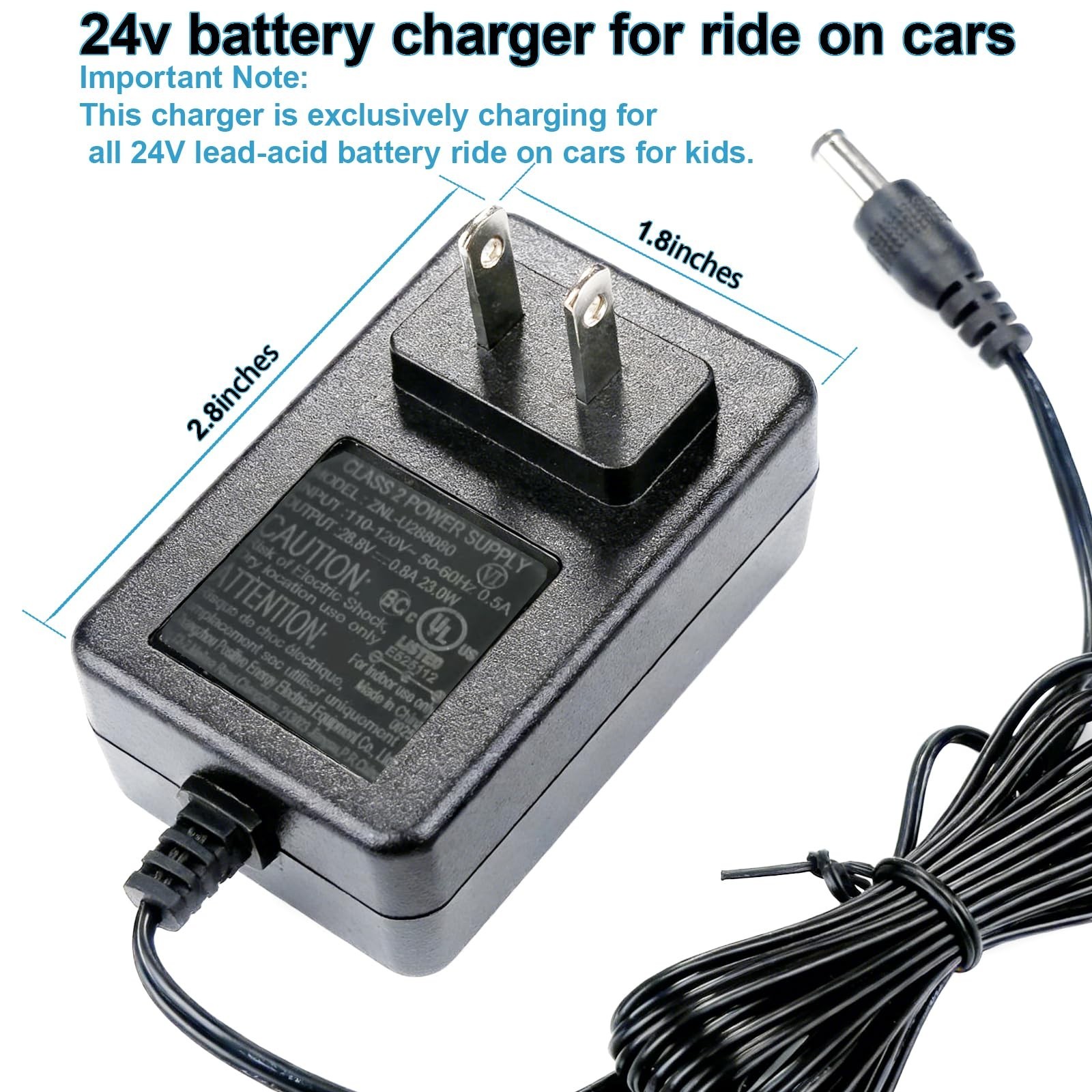 24V Charger for Kids Ride-On Cars, 70″ Long with Indicator Light, Universal Fit