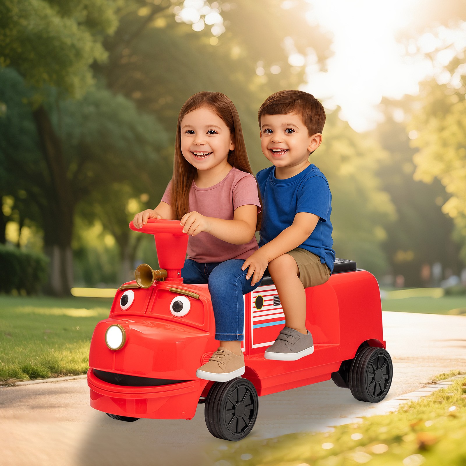 12V Kids 2-Seater Ride On Train Trackless Electric Toy Car Music Lights Storage