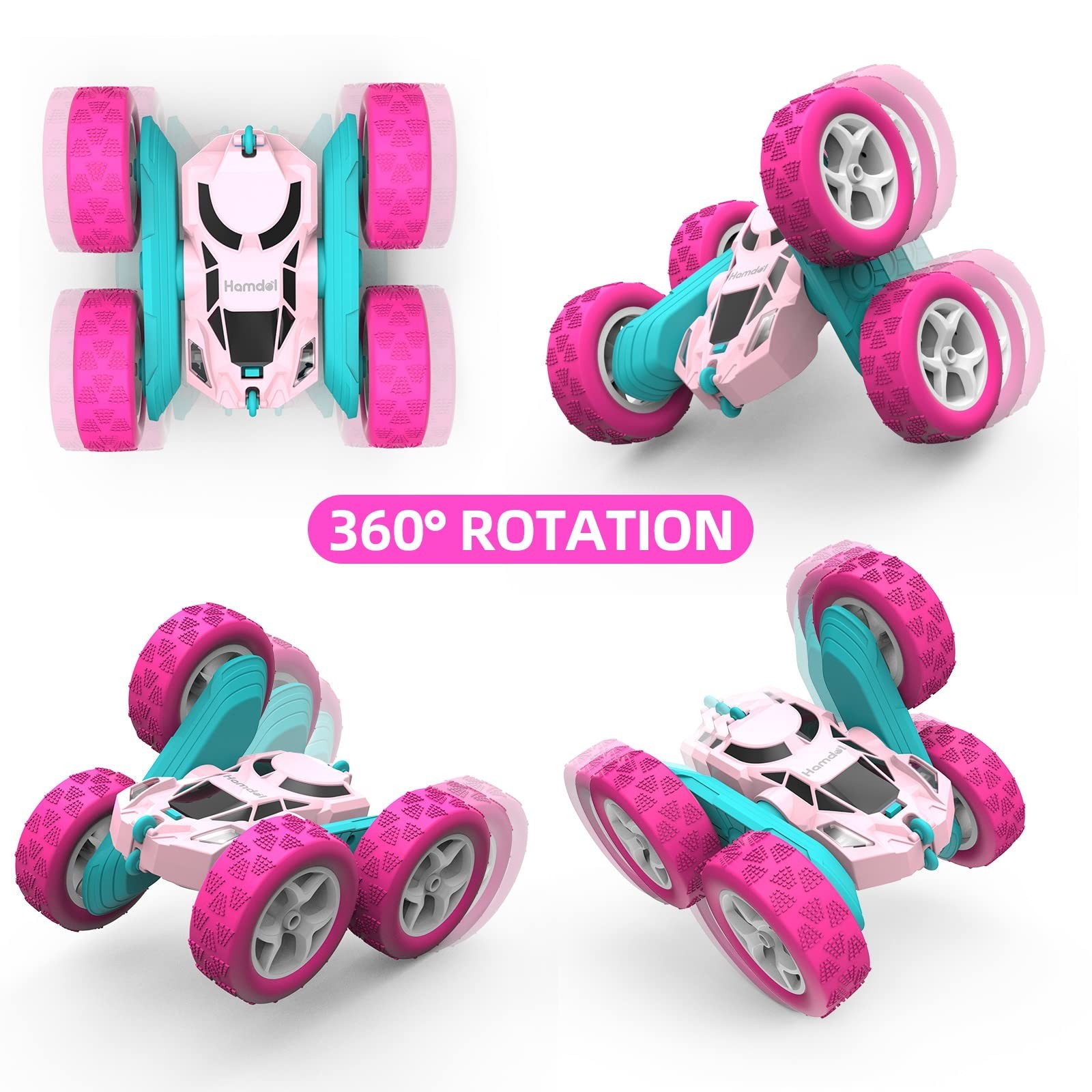 Hamdol Pink Remote Control Car for Girls, 360° Flipping Stunt Car with LED