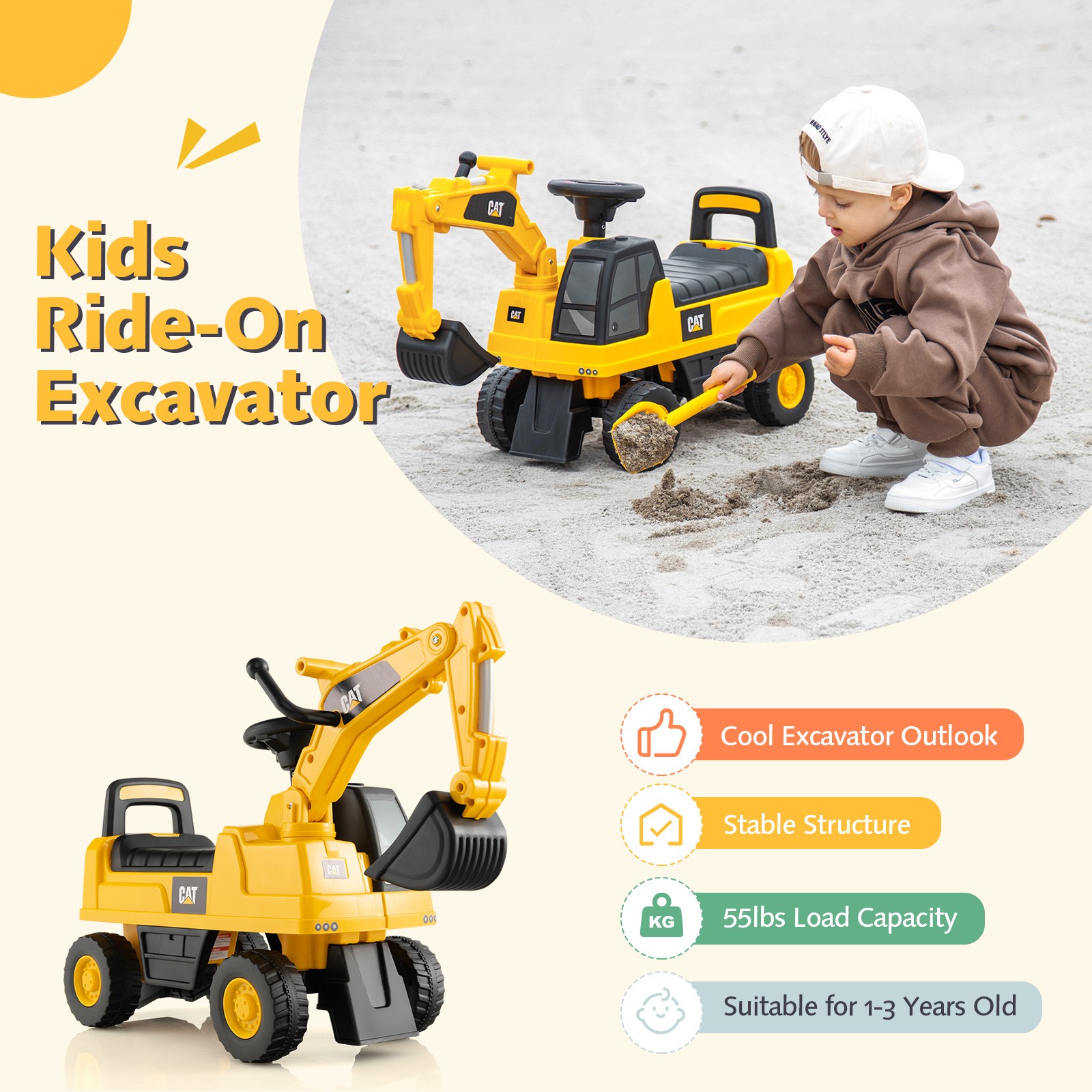 Licensed Caterpillar Kids Rid-On Digger Excavator Toy w/Digging Bucket & Storage