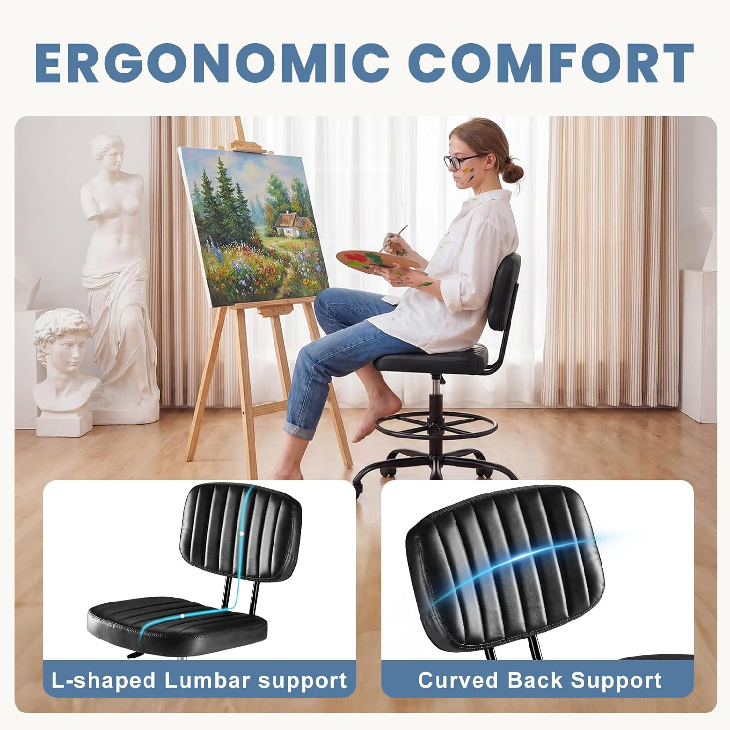 Armless Drafting Chair, Low Back Office Seat with Adjustable Footrest Ring for S