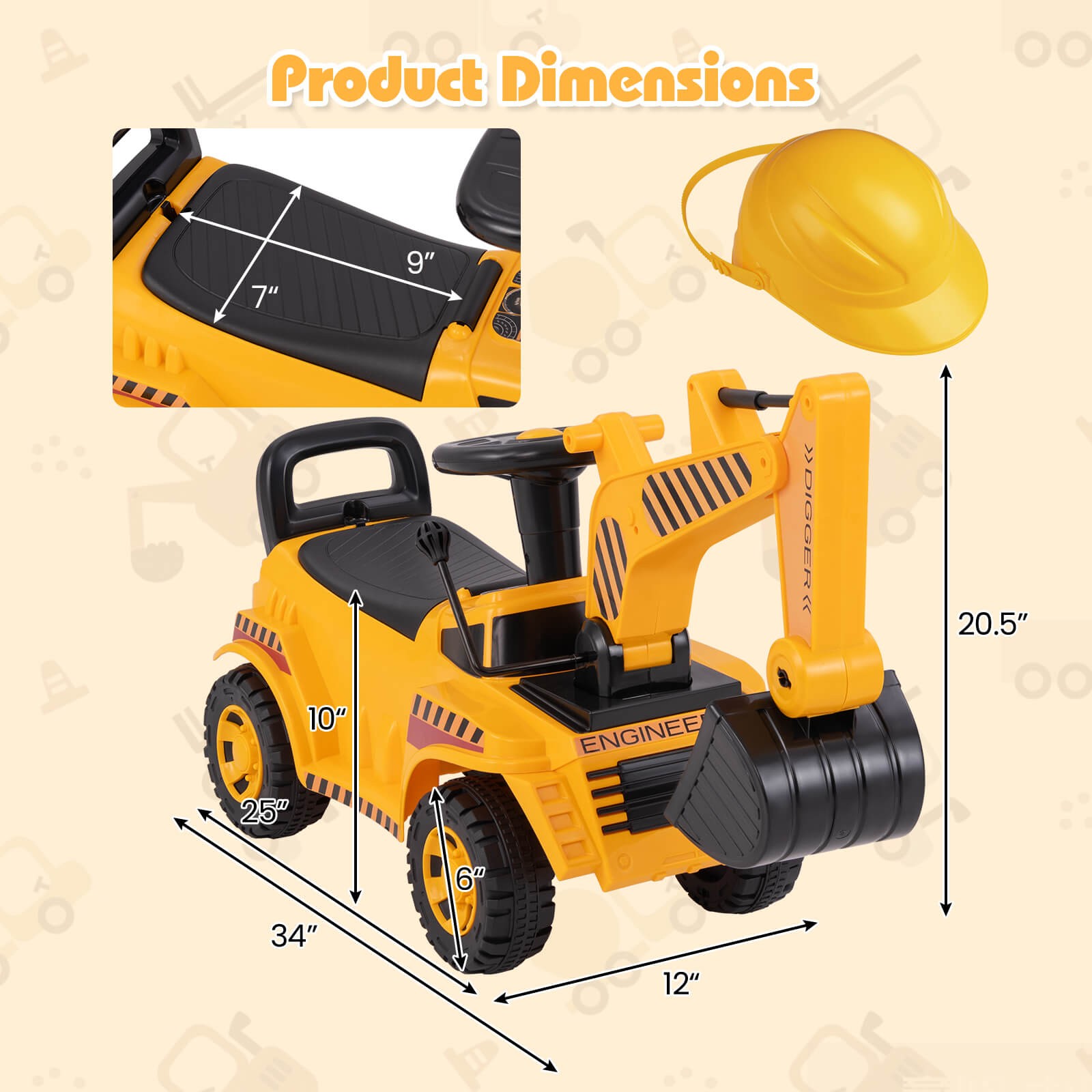 Kids Ride on Excavator with Adjustable Shovel Anti-Tipping Block Engine Sound