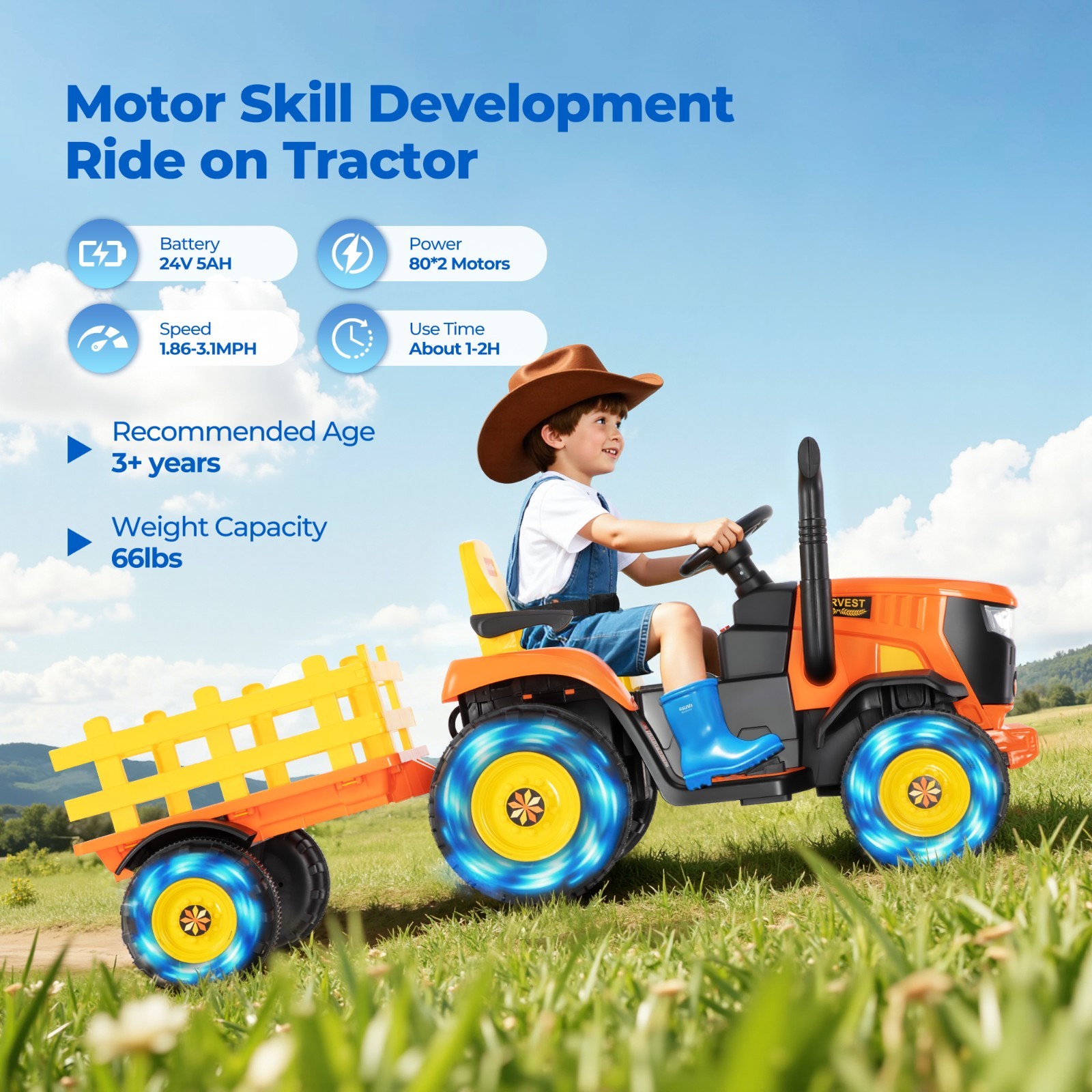 24V Electric Kids Ride On Tractor with Detachable Trailer 2x80W Motors EVA Tires