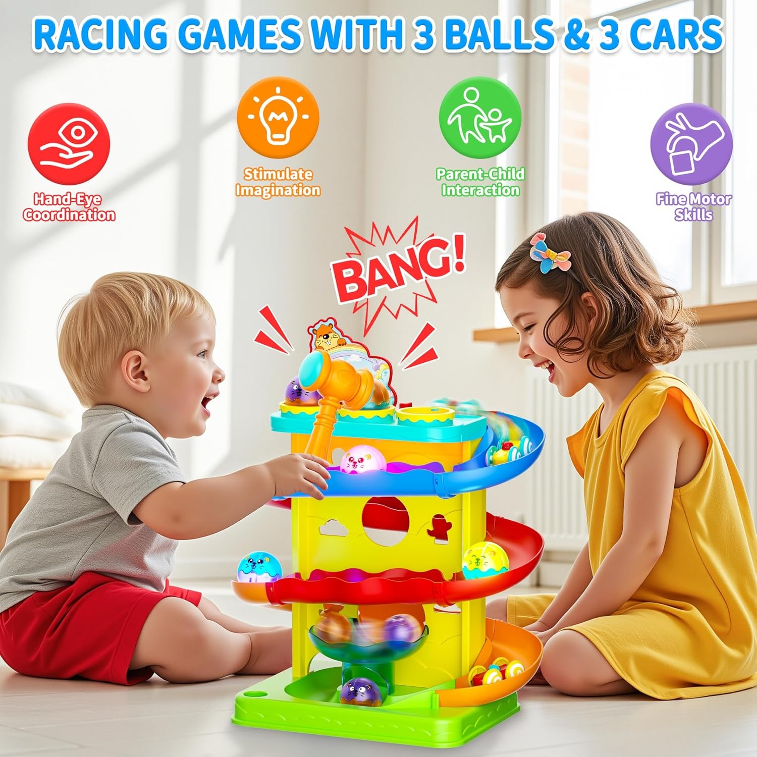 2-in-1 Light Up Rolling Ball & Racing Car Ramp Toddler Toy Race Track Hammer