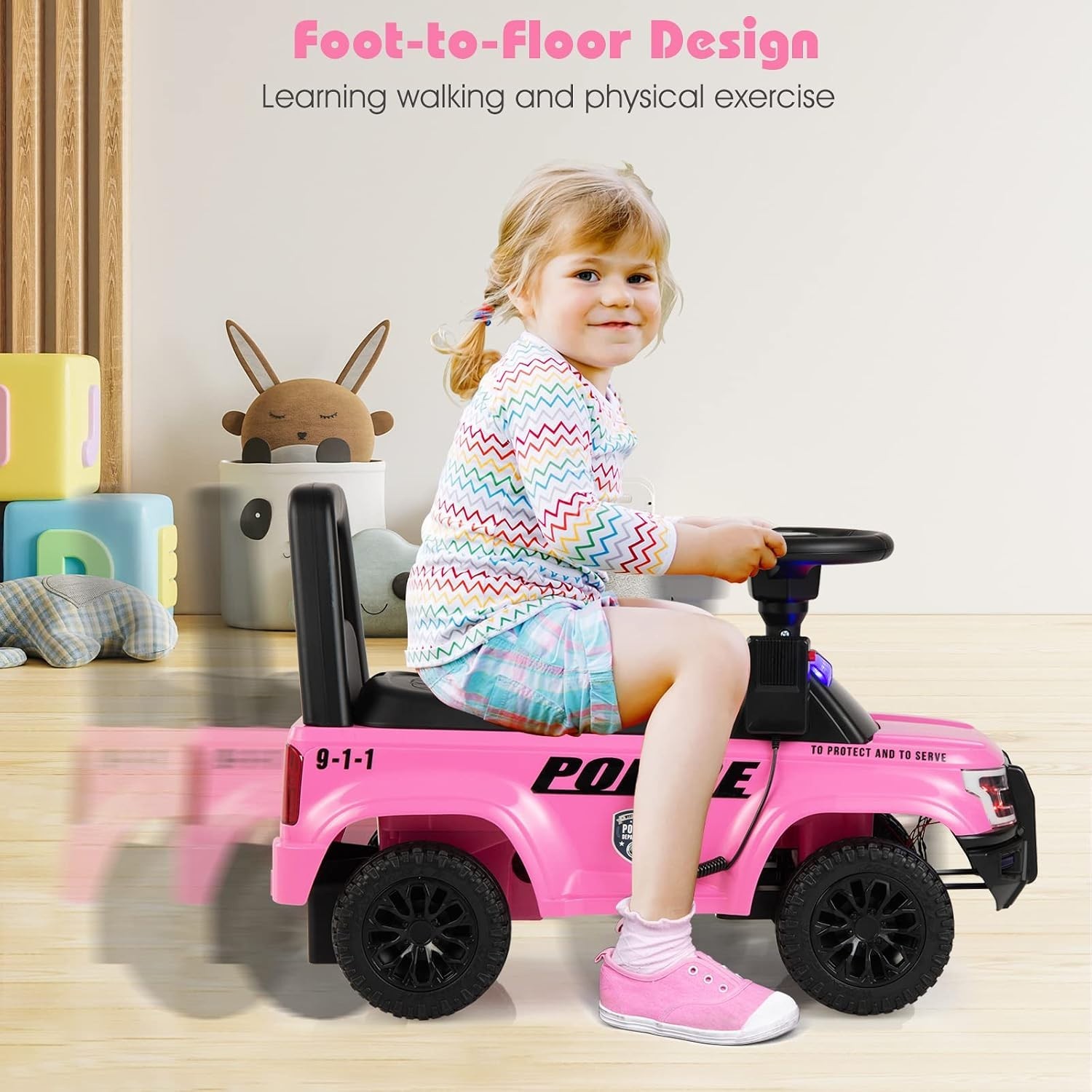 Kids Pink Police Ride On Car: Steering, Siren, Storage, 55lb Max Weight