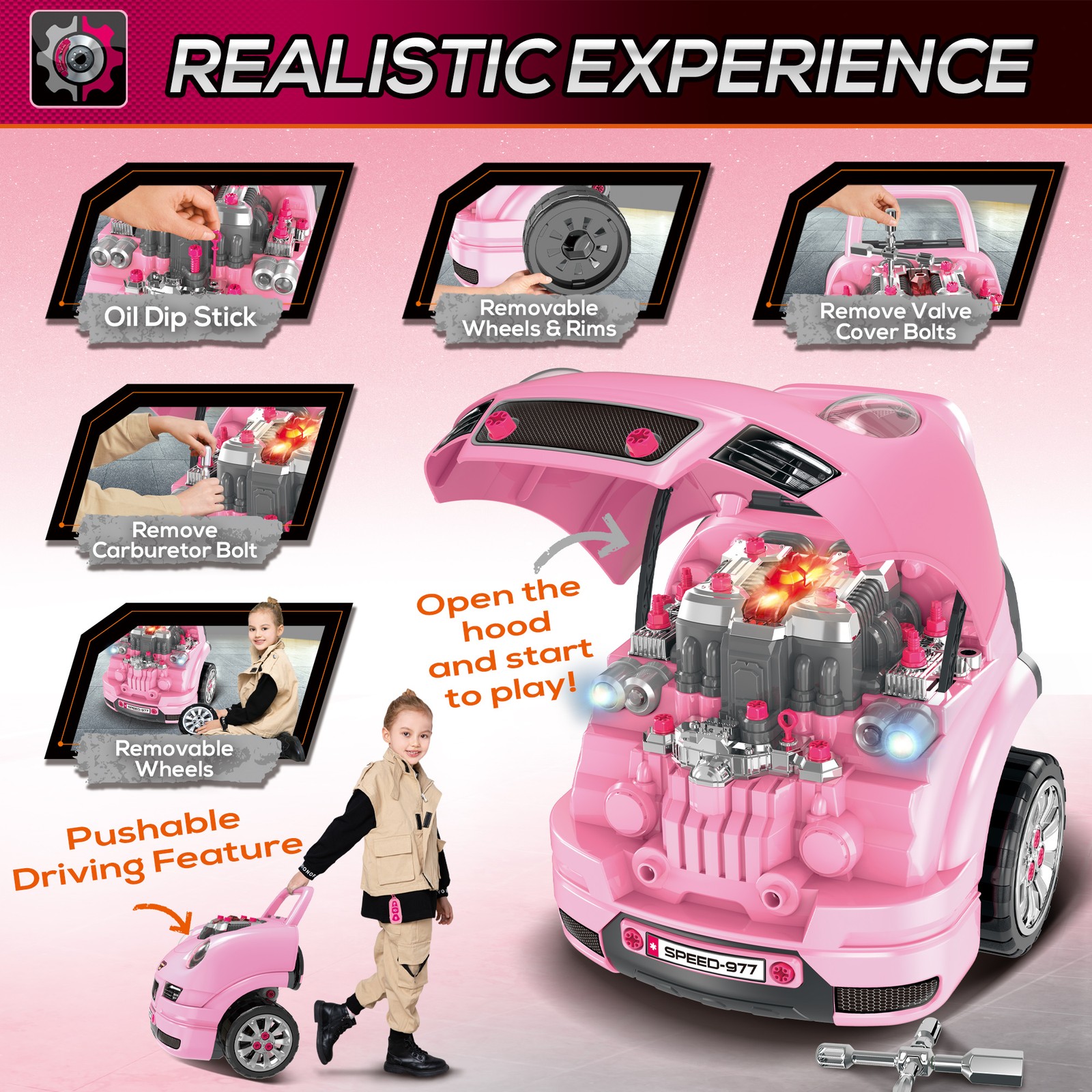 Mechanic Kids Truck Engine Toy Set, Car Service Play Set, Pink