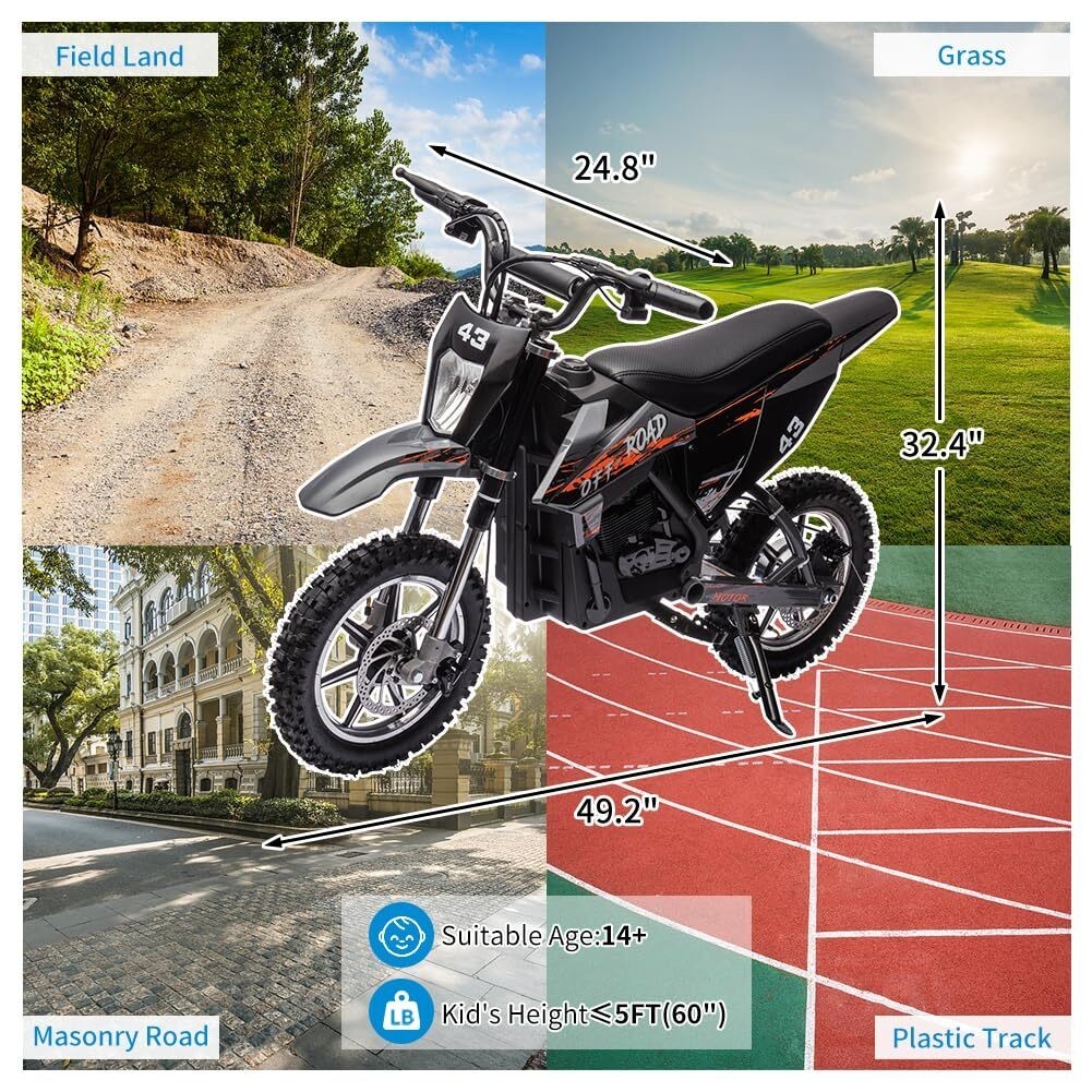 36V Kids Ride on Dirt Bike15.5MPH Fast Speed Electric Battery-Powered LED Light