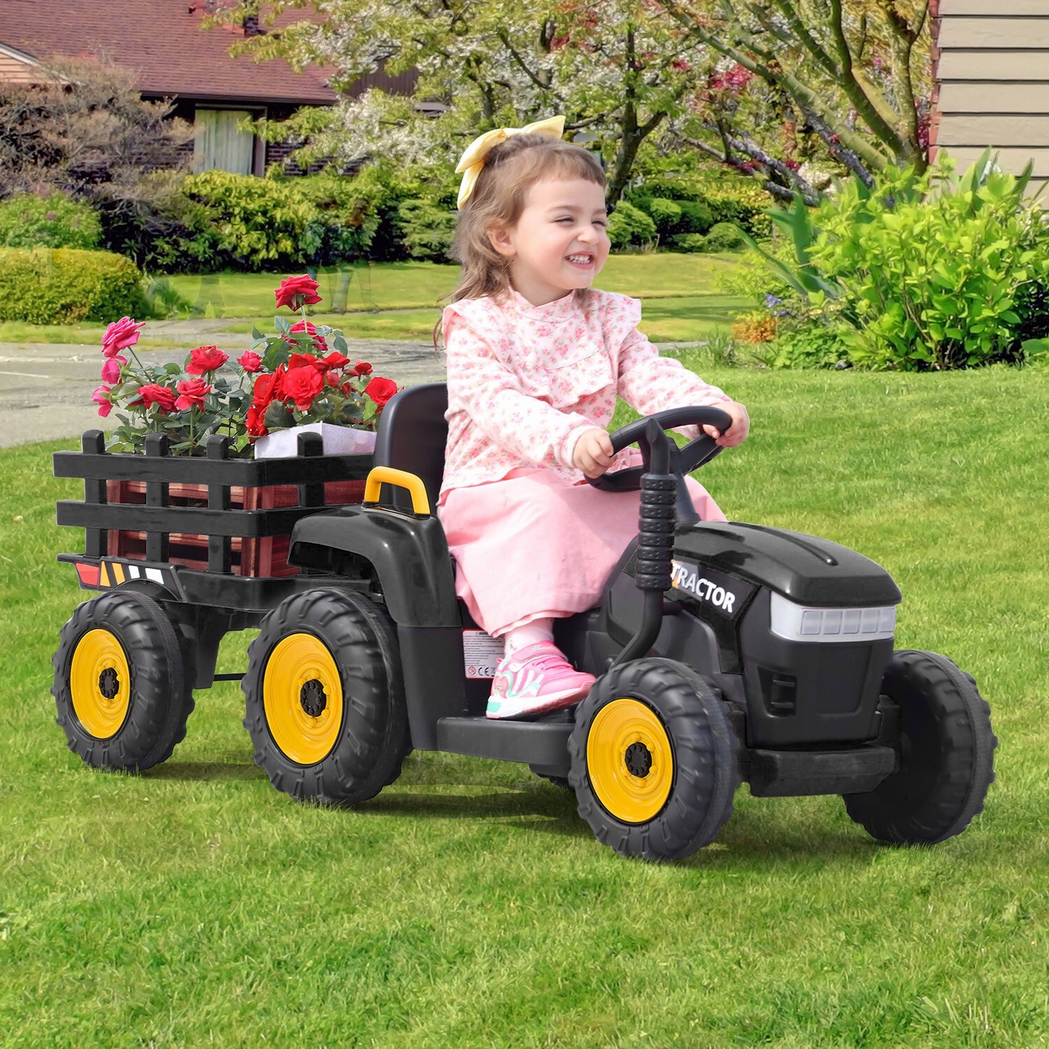 TOBBI 12V Battery-Powered Toy Tractor Ride On Toy with Trailer 35W Dual Motor