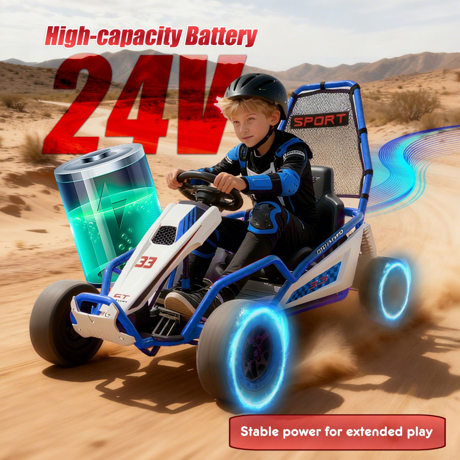 24V Kids Electric Go Kart 7AH Electric Drift Kart Car for Age 6+,400W Motor,Blue