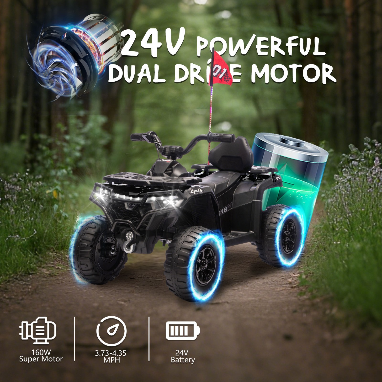 24V 160W Electric Ride-On ATV Off-Road Car with Bluetooth Music for Kids Age 3-6
