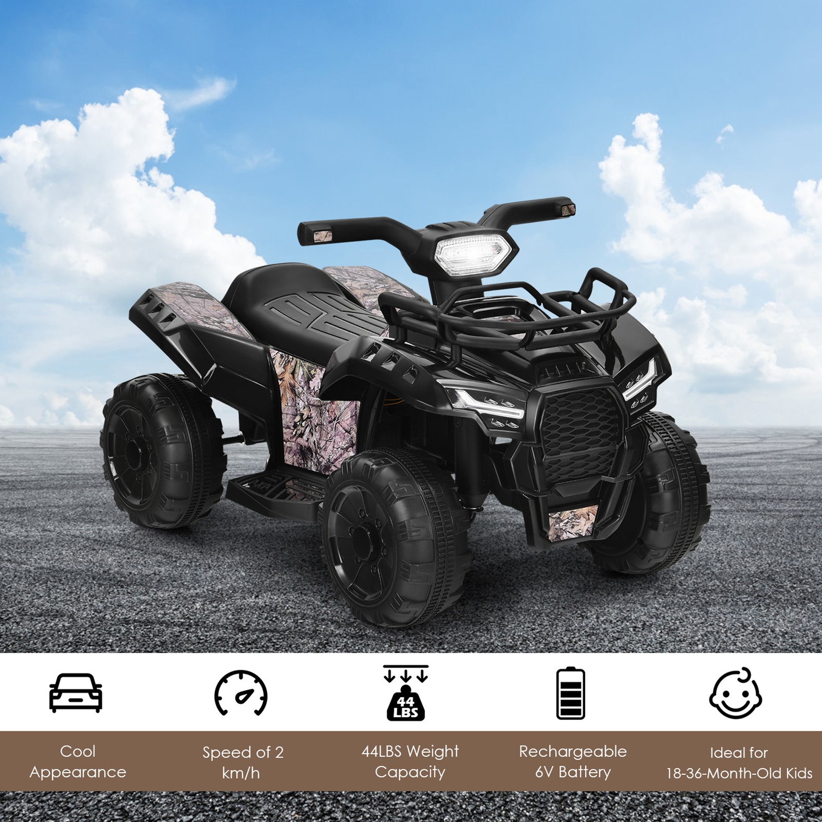 6V 4 Wheels ATV Quad Ride On Car Kids Ride-On Toy w/ Music Horn LED Light Black