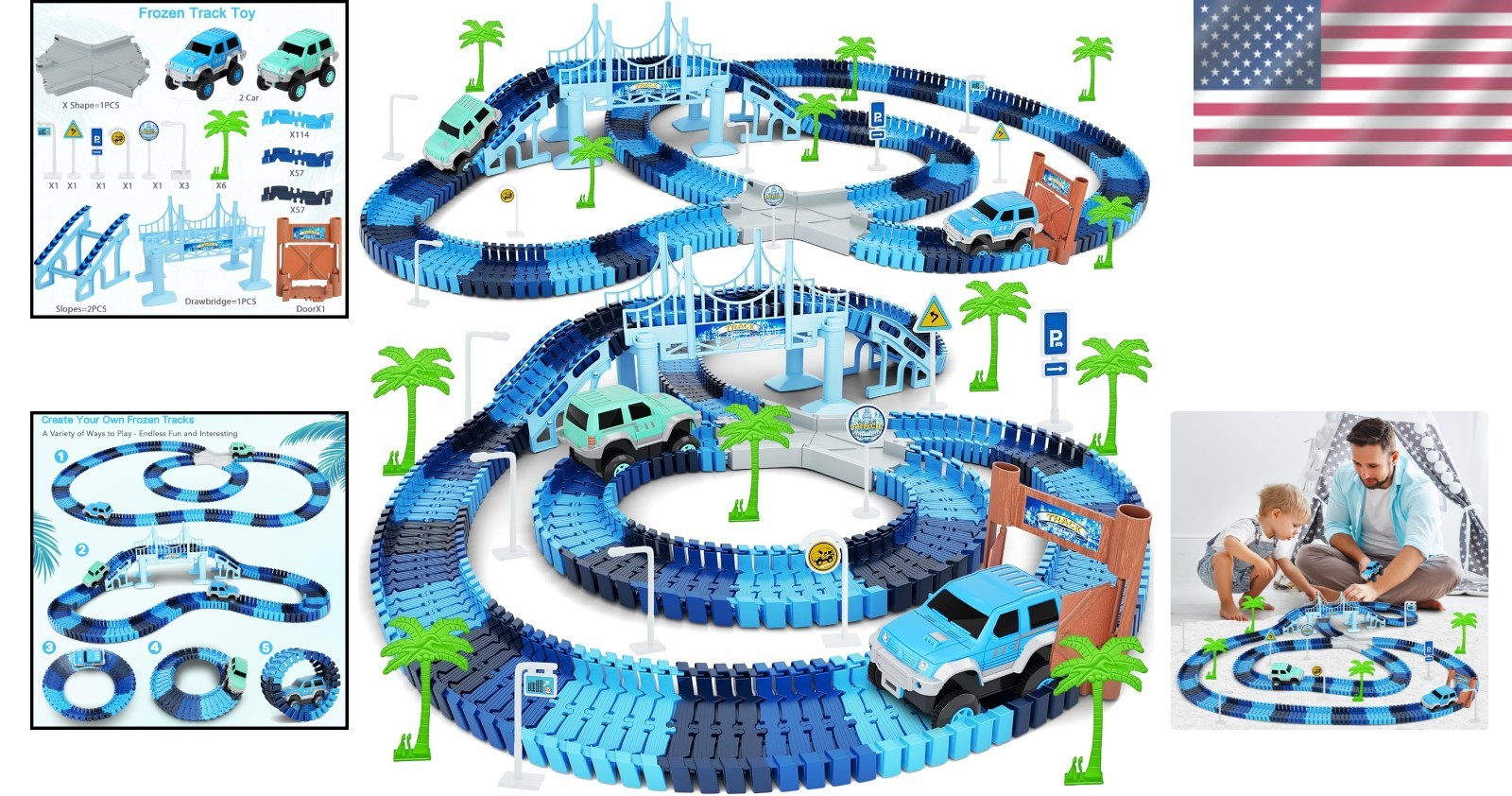 Create Your Frozen World: 269 PCS Race Track Playset & 2 Race Cars for Ages 3-6