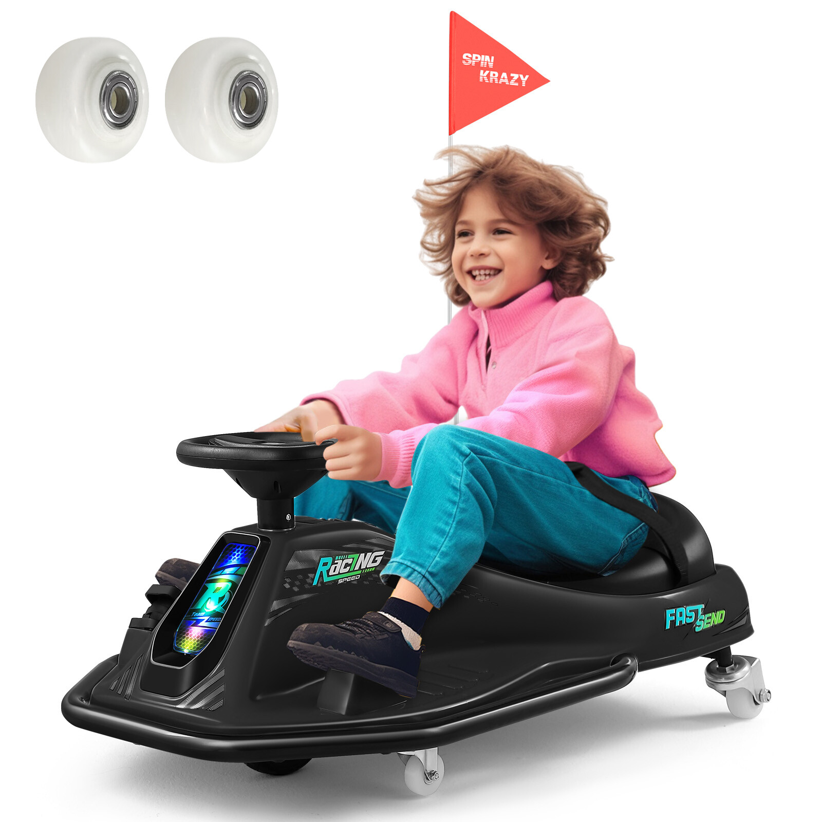 24V Kids Electric Drifting Go Kart 360° Ride On Cart with Bluetooth (Black)