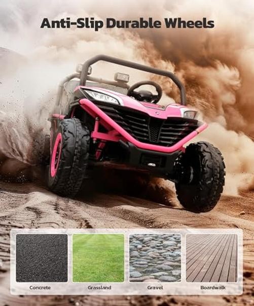 24V Ride on Car for Kids, 2 Seater XL 20″ Seat Ride on Toy, 10AH 4WD Pink